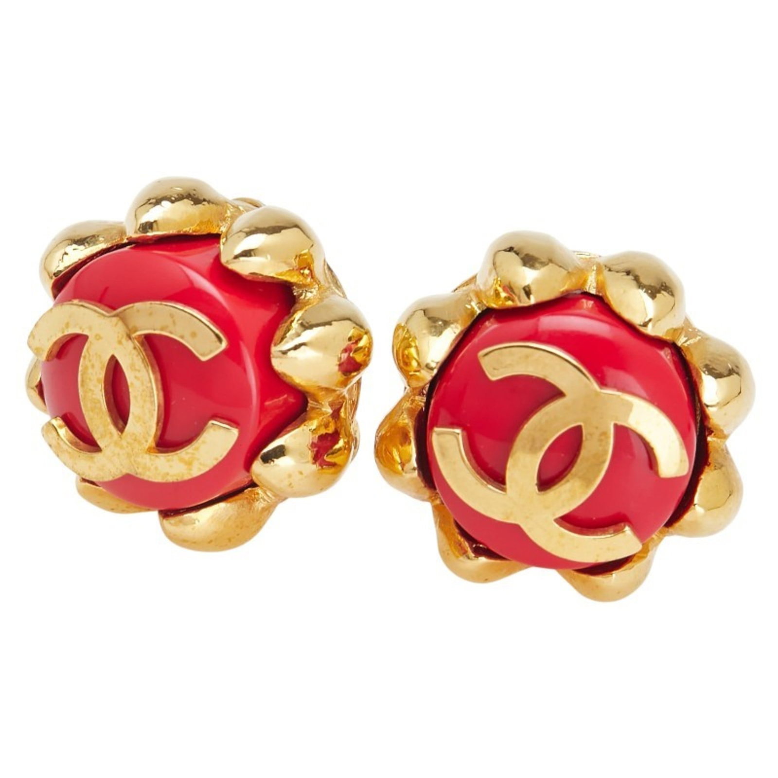 Chanel Clip Earrings: Chanel Clip Earrings Gold and red Chanel clip earrings with a vintage flair, featuring a classic design that exudes timeless elegance. With their distinctive gold tone and subtle scratches, these earr