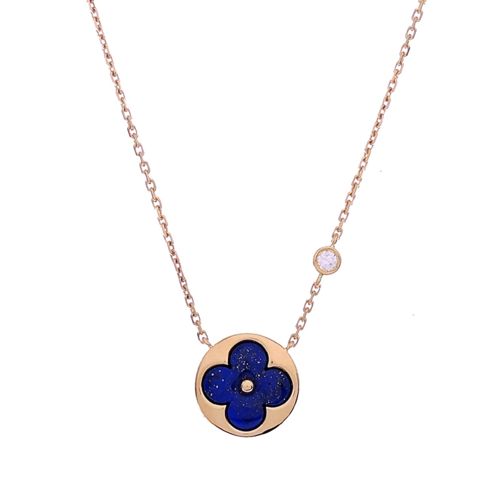 Louis Vuitton Sun Blossom Bb Women'S Necklace 750 Yellow Gold: Louis Vuitton Sun Blossom Bb Women'S Necklace 750 Yellow Gold Yellow gold 18K necklace with a Sun Blossom design, featuring a diamond and lapis lazuli stone pendant. The necklace has a 41 cm circumfer