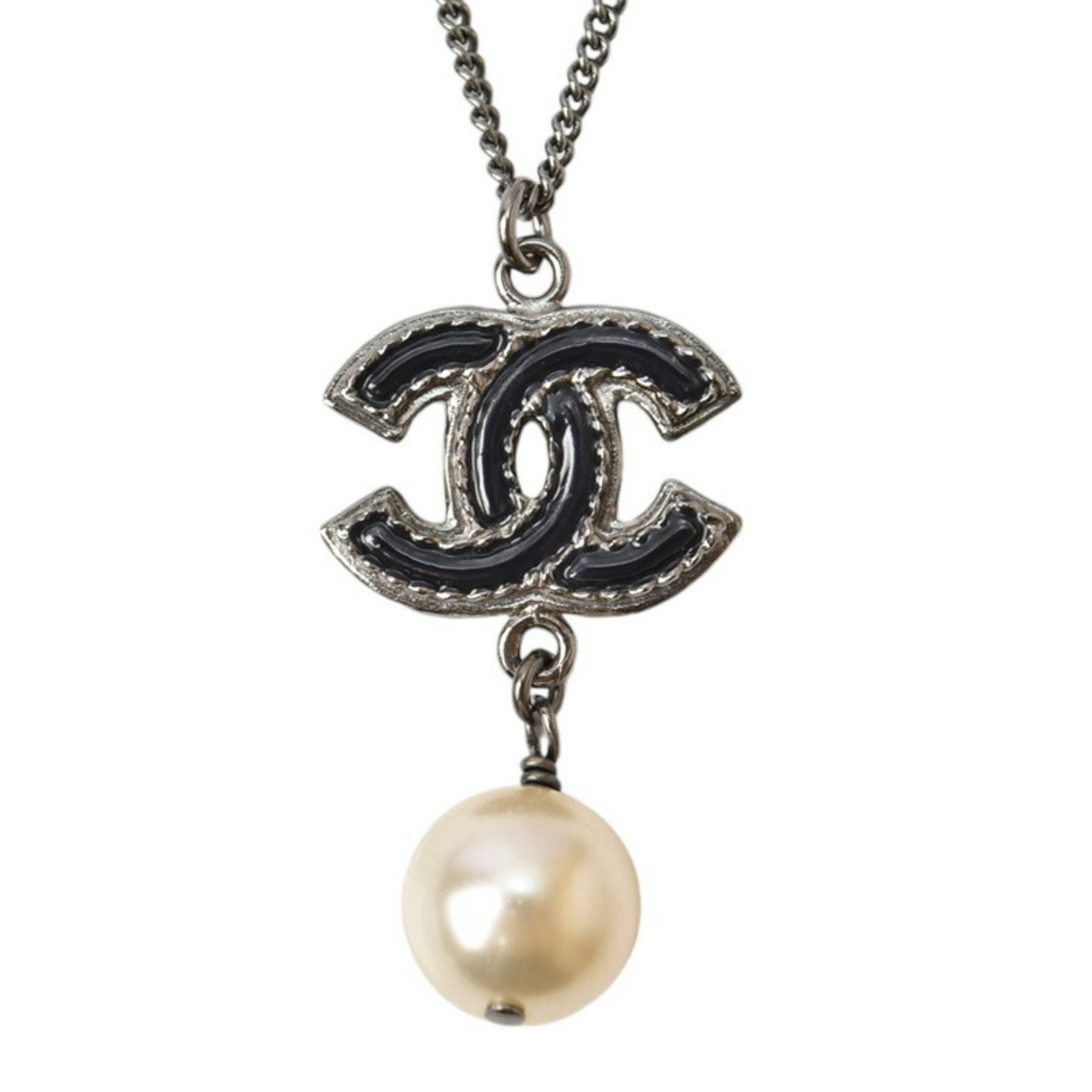 Chanel Necklace Pendant 2Way Chanel Coco Mark Pearl Motif Black Gunmetal: Chanel Necklace Pendant 2Way Chanel Coco Mark Pearl Motif Black Gunmetal Black Gunmetal Chanel Necklace Pendant with Pearl Motif, a timeless piece featuring the iconic Coco Mark design. This elegant