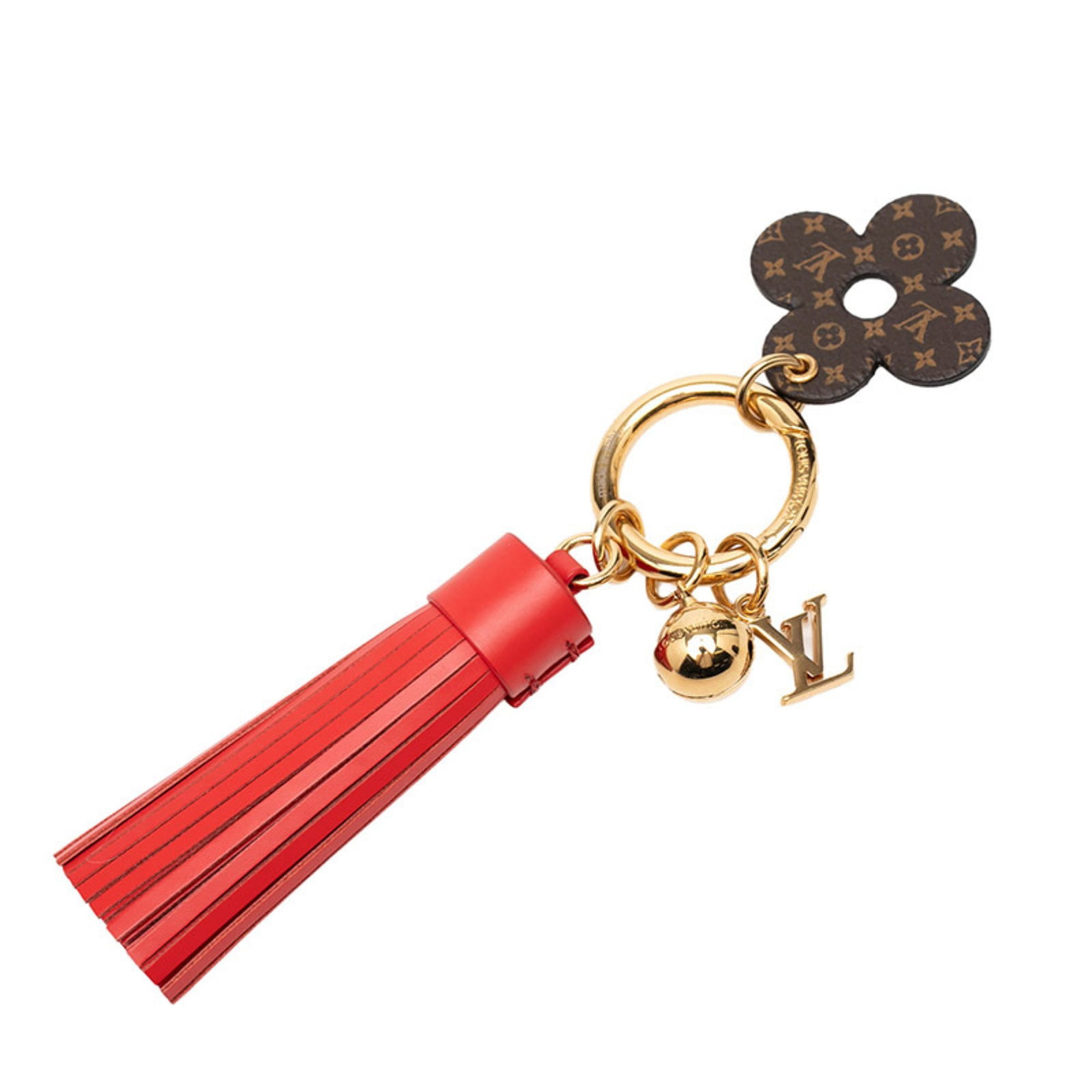 Handbag charm gold plating leather Louis Vuitton: Handbag charm gold plating leather Louis Vuitton Gold plating leather Louis Vuitton charm features a distinctive brown and red color combination, adding a touch of elegance to any outfit. The charm's 