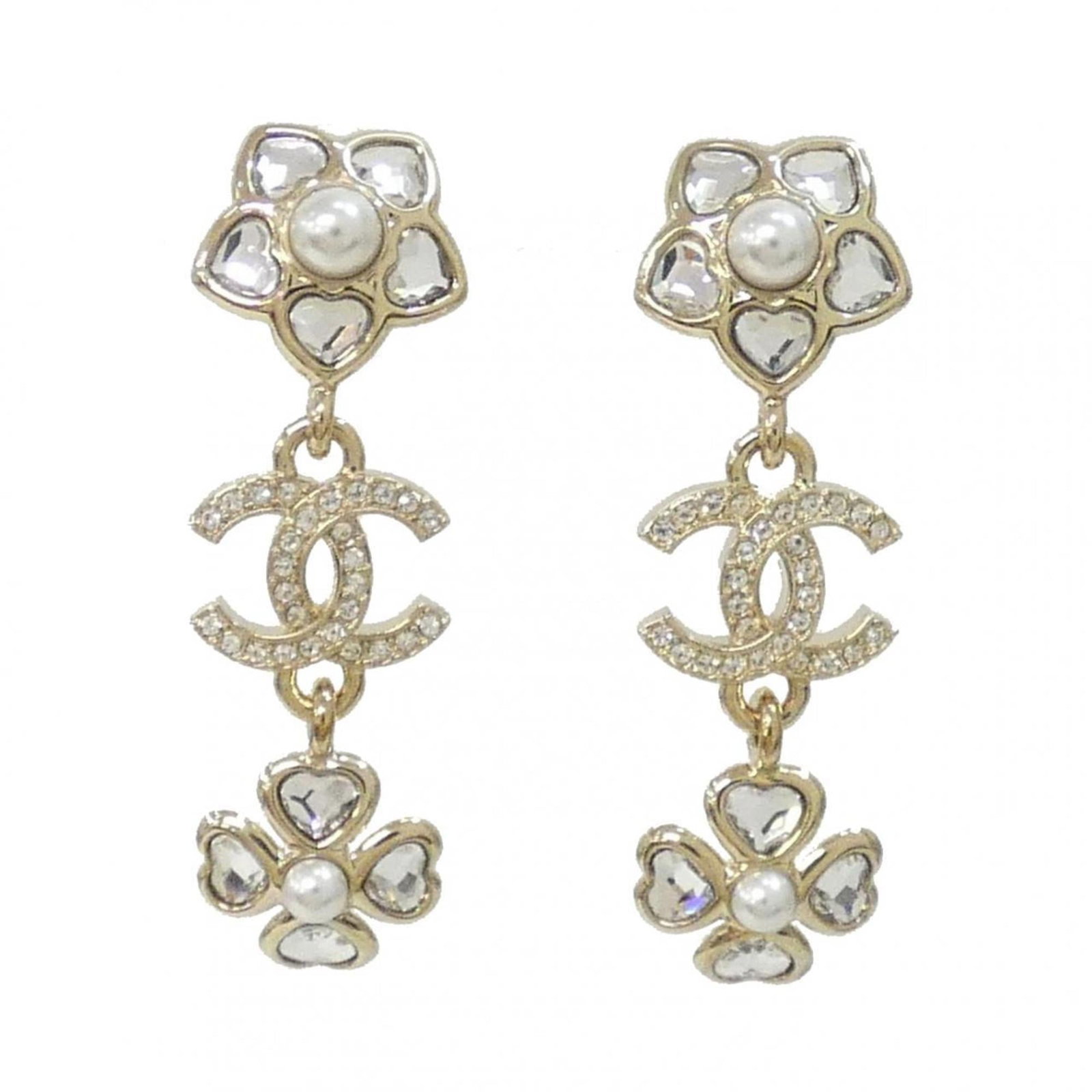 Chanel Stud Earrings: Chanel Stud Earrings Chanel Stud Earrings in Gold with Crystal Accents, featuring a classic design. The earrings are made from gold and adorned with crystal stones, measuring approximately 40mm x 13mm