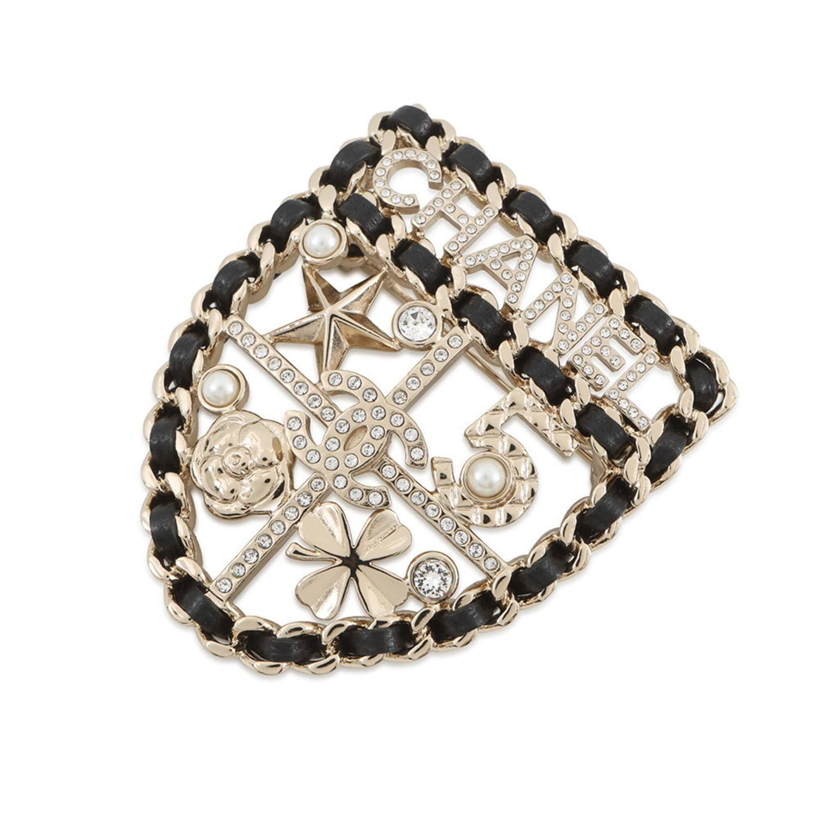 Brooch Pearl Artificial Leather Metal Rhinestone Chanel: Brooch Pearl Artificial Leather Metal Rhinestone Chanel The Chanel brooch features an artificial pearl, leather, and metal construction with rhinestones, showcasing a classic design. Its black and