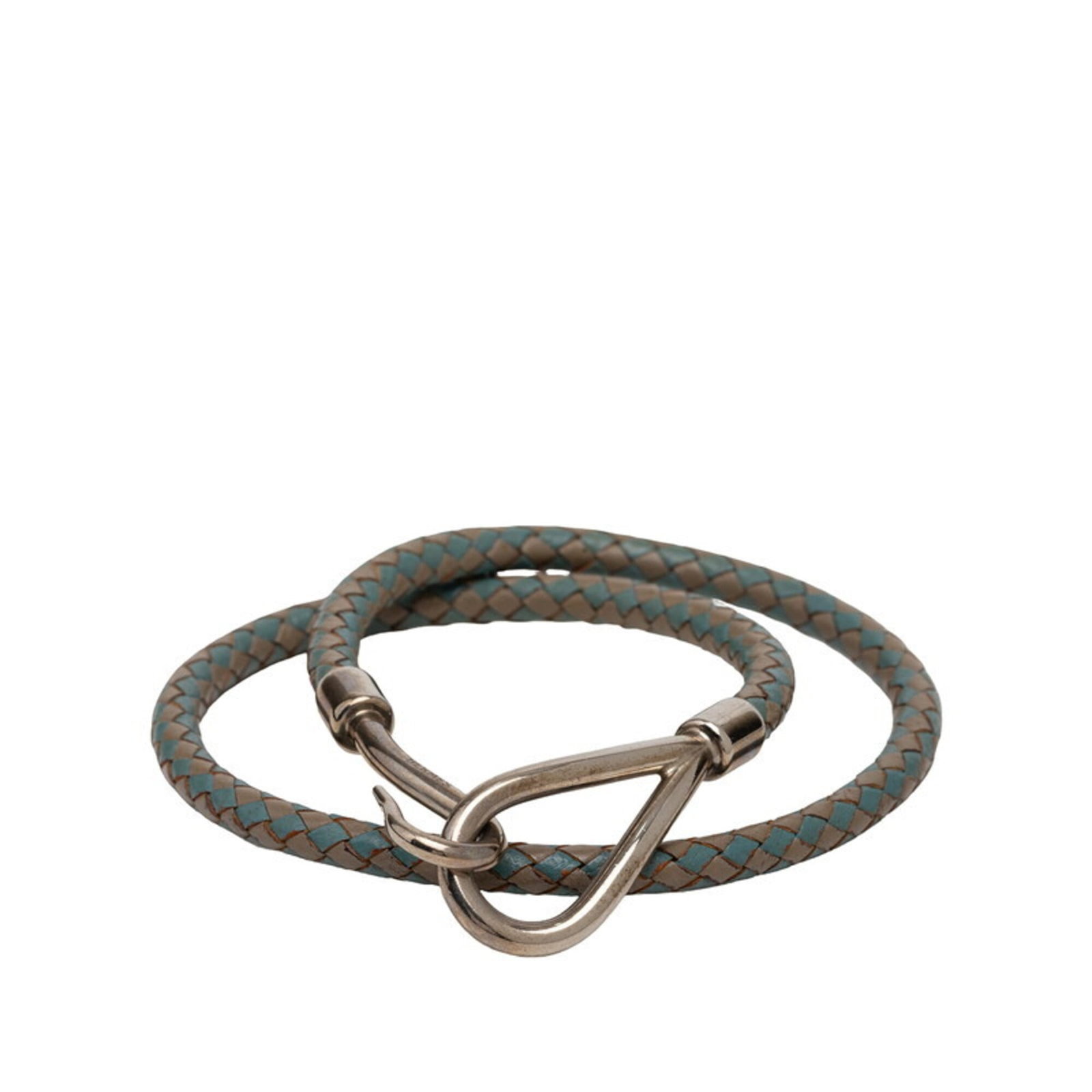 Metal Leather Charm Hermes Bracelet: Metal Leather Charm Hermes Bracelet Metal Leather Charm Hermes Bracelet, featuring a gray and light blue color combination with silver accents. This versatile charm bracelet boasts a unique blend of
