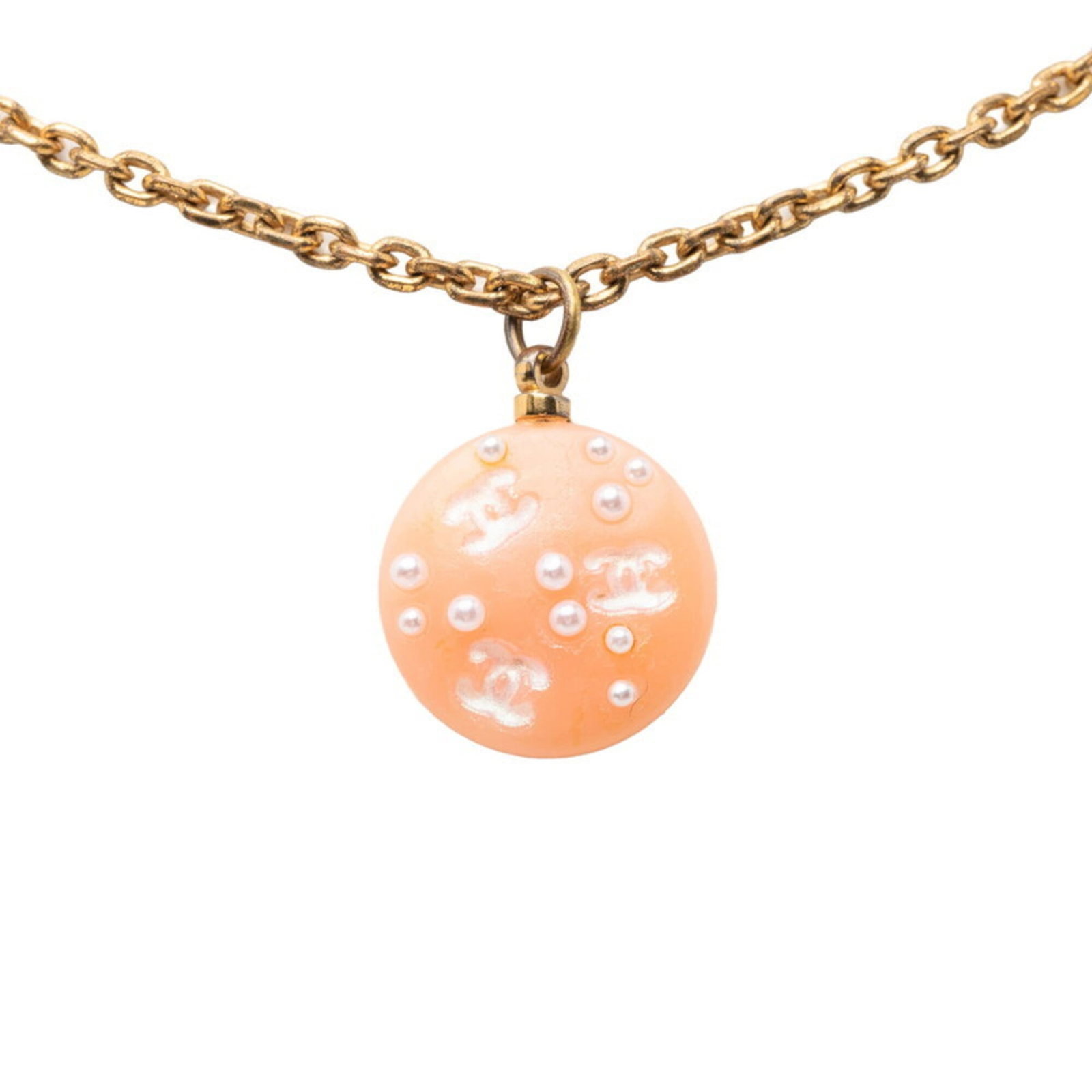 Chanel Coco Mark Pendant Necklace 03P Pink Gold Plated Plastic Faux Pearl Women'S Chanel: Chanel Coco Mark Pendant Necklace 03P Pink Gold Plated Plastic Faux Pearl Women'S Chanel Gold Plated Pink Pearl Pendant Necklace from Chanel, featuring a 21.5mm x 17.4mm pink pearl pendant suspended