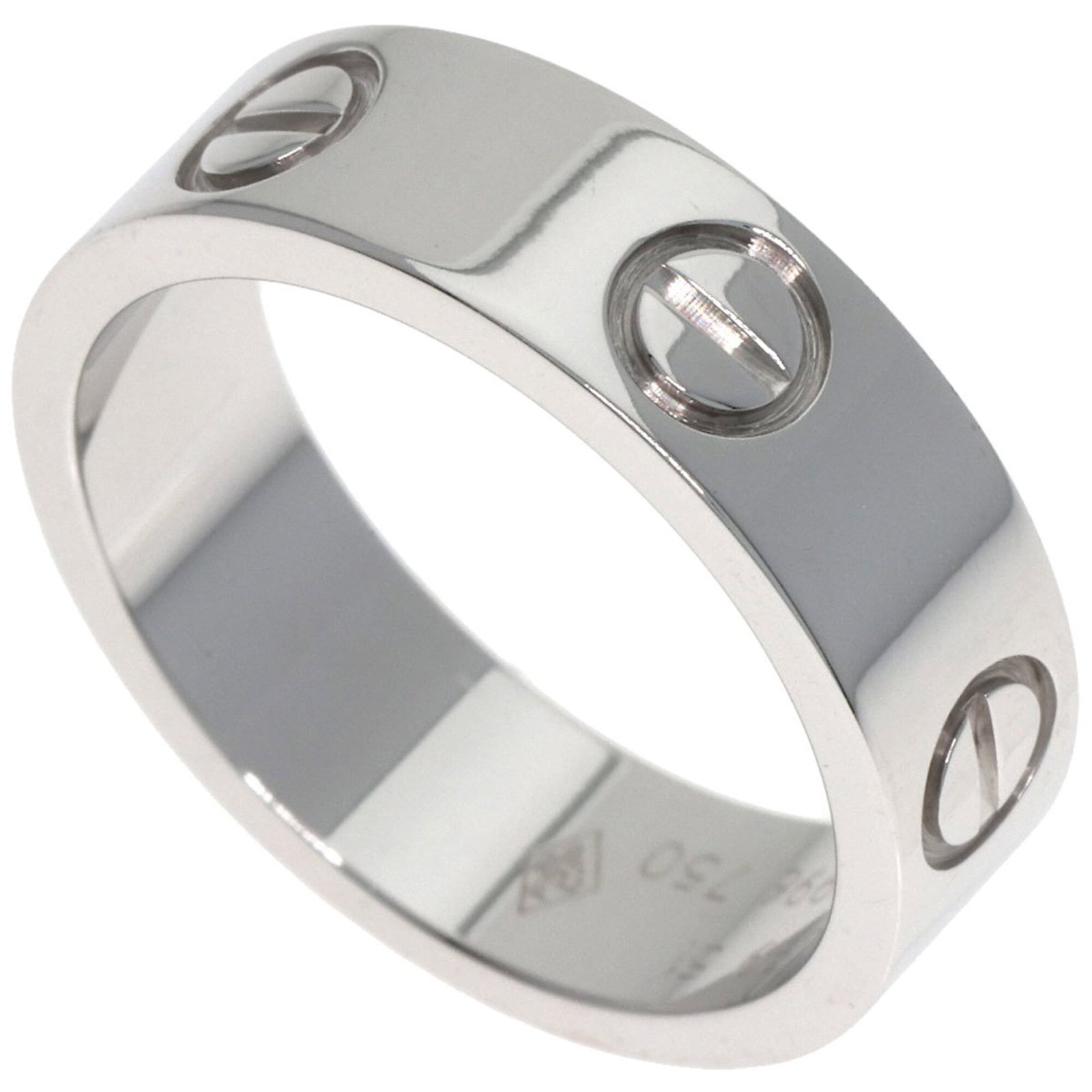 White Gold Cartier Band Ring 18K: White Gold Cartier Band Ring 18K 18K White Gold Cartier Band Ring for Women, Us Size 6. A few traces of usage are visible, with some minor scratches and dirt present, but overall in very good