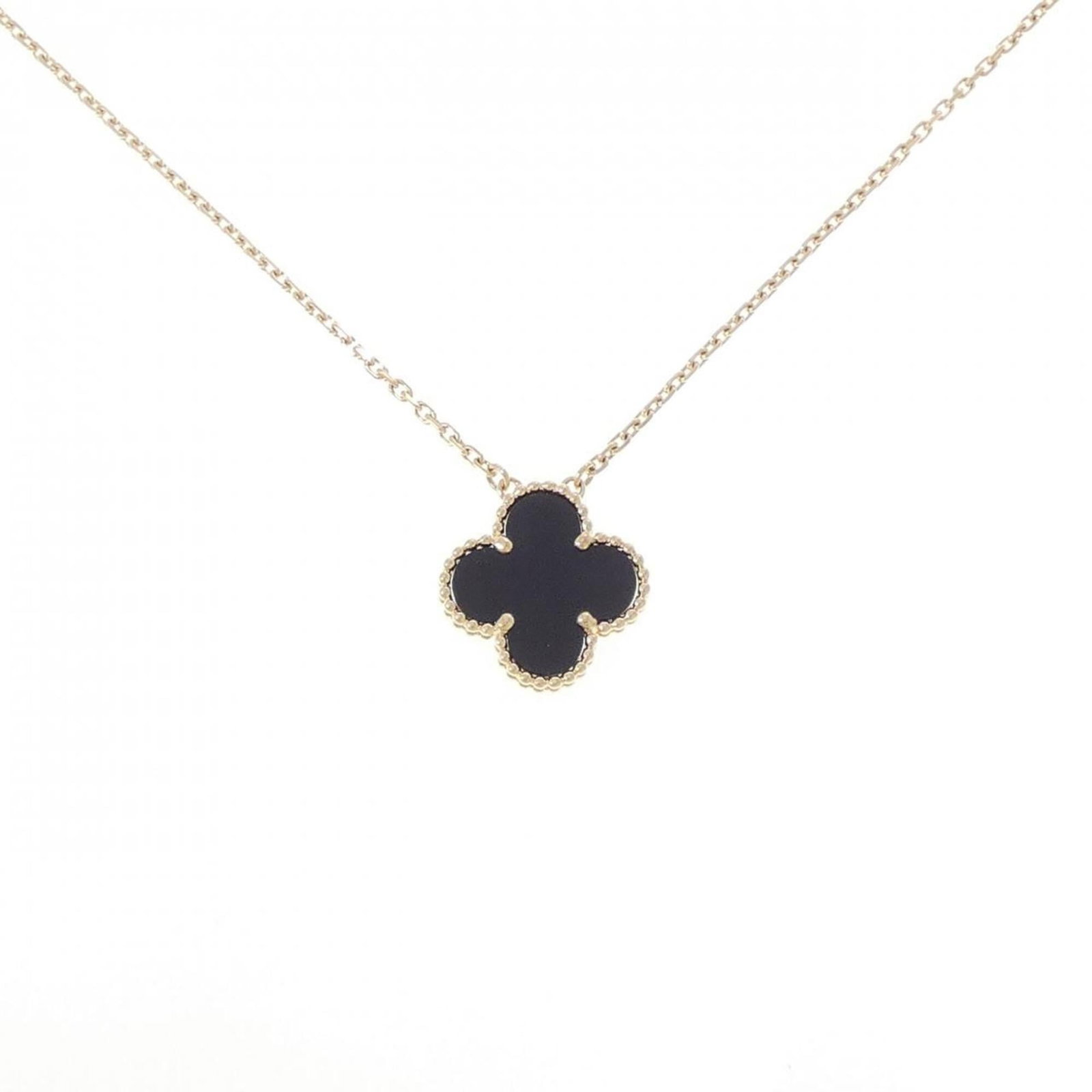 Vintage Alhambra Van Cleef Necklace: Vintage Alhambra Van Cleef Necklace Yellow gold (18K) pendant, 14.7mm x 14.7mm in size, adorns a 37-42 cm adjustable necklace. The Alhambra Van Cleef & Arpels design is showcased on the pendant,