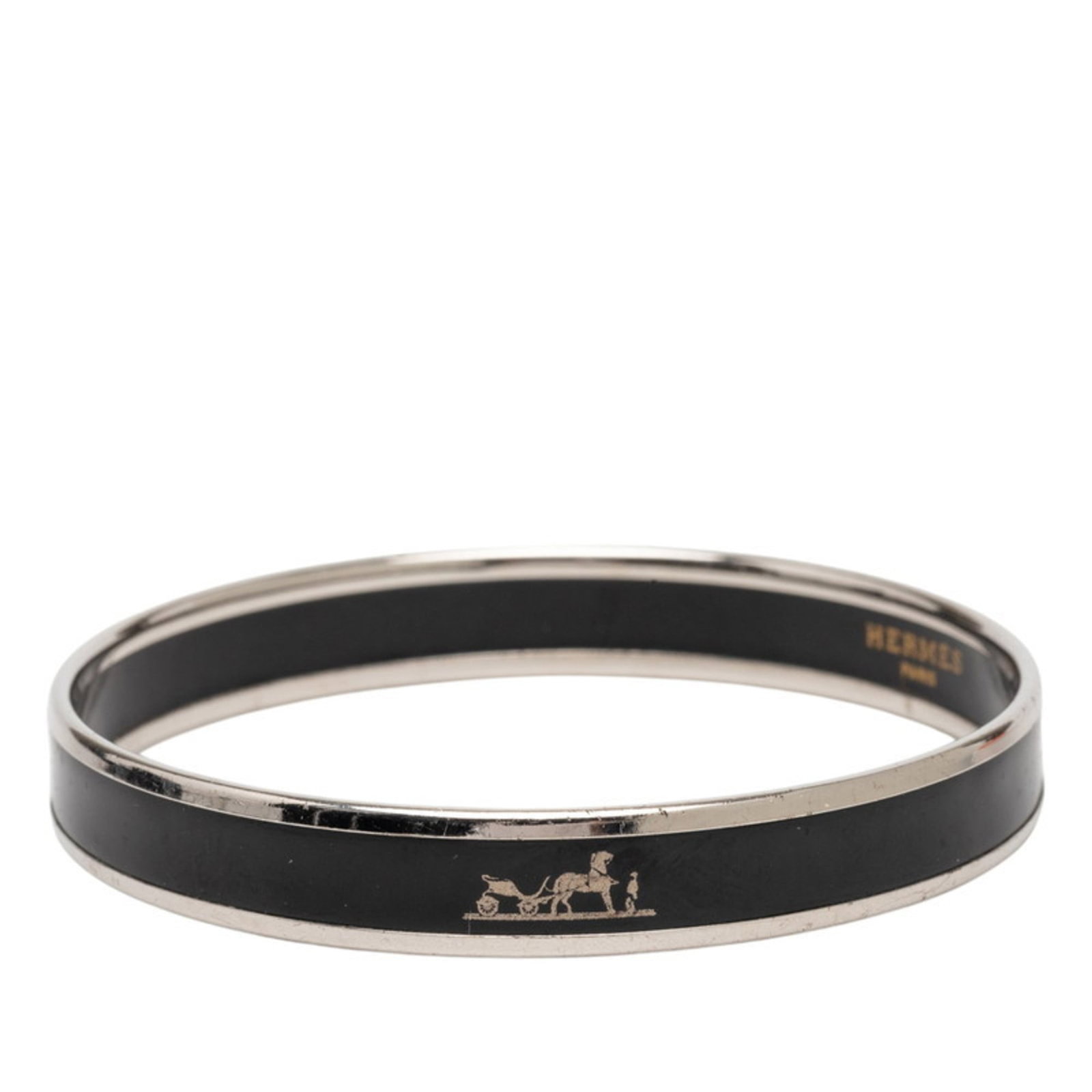 Metal enamel bangle by Hermes: Metal enamel bangle by Hermes Metal enamel bangle by Hermes, featuring a striking black and silver design. The bangle measures 19cm in length and bears signs of previous use, with minor scratches and 