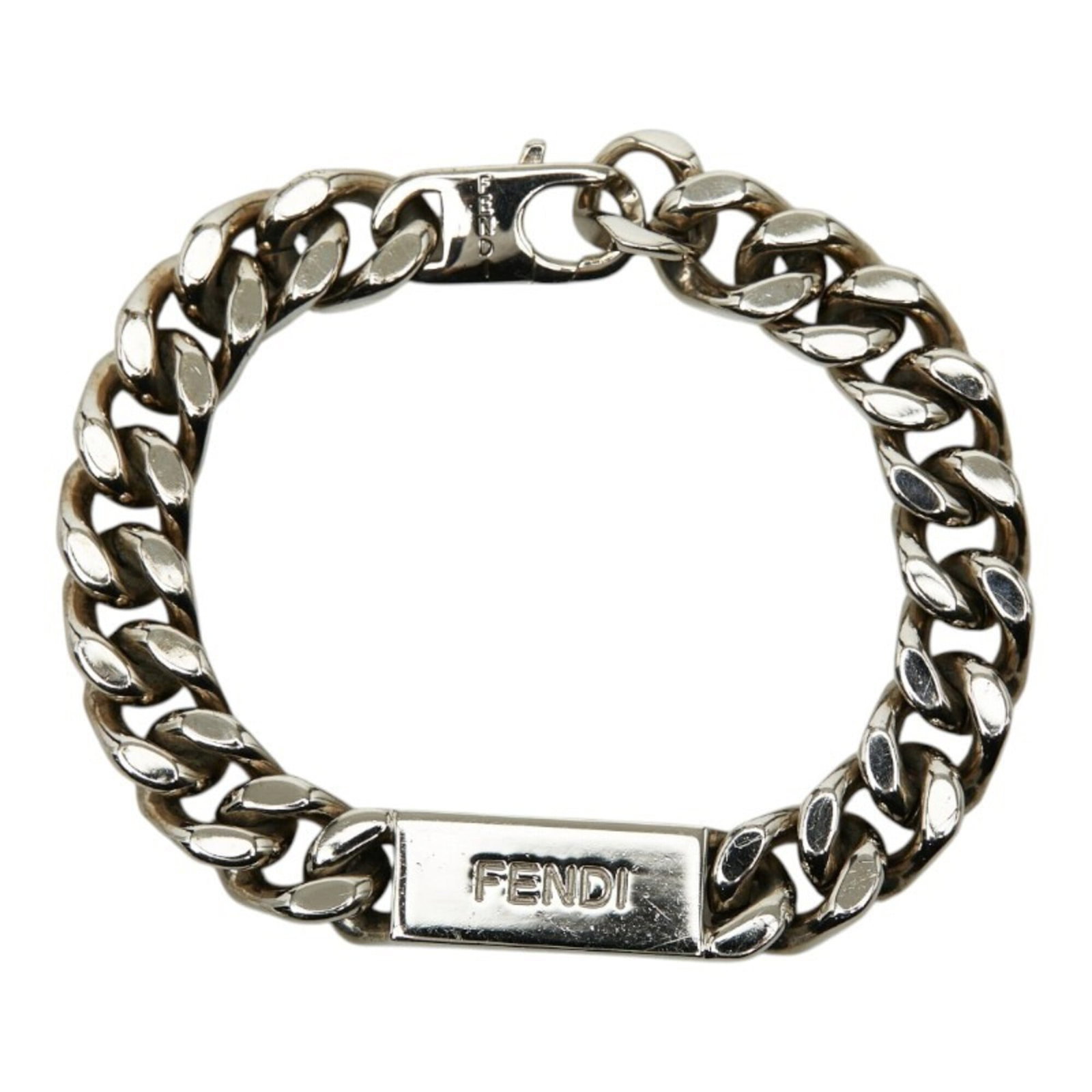 Metal Charm Fendi bracelet: Metal Charm Fendi bracelet Silver Fendi metal charm bracelet, 19cm in length. The bracelet features a metal charm with traces of usage and minor scratches, giving it a worn-in look. In good condition 