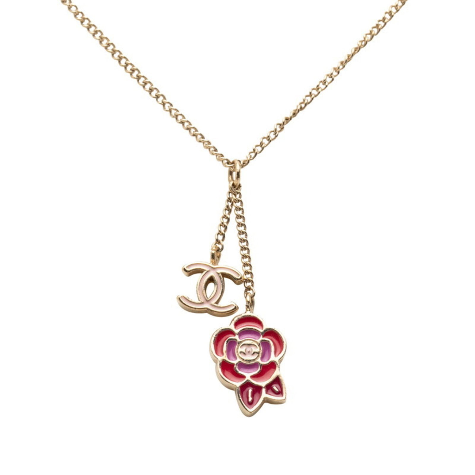 Chanel Camellia Coco Mark Flower Motif Necklace Gold Red Pink Plated Women'S Chanel: Chanel Camellia Coco Mark Flower Motif Necklace Gold Red Pink Plated Women'S Chanel Gold, Pink, and Red Plated Chanel Camellia Coco Mark Flower Motif Necklace for Women Features a striking gold,