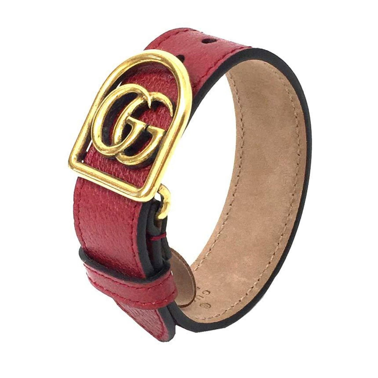 Metal Leather Charm Gucci Bracelet: Metal Leather Charm Gucci Bracelet Gold and red leather charm bracelet from Gucci, featuring metal accents. Opened but never used, with a length range of 19cm-21cm. A stylish accessory for those who a