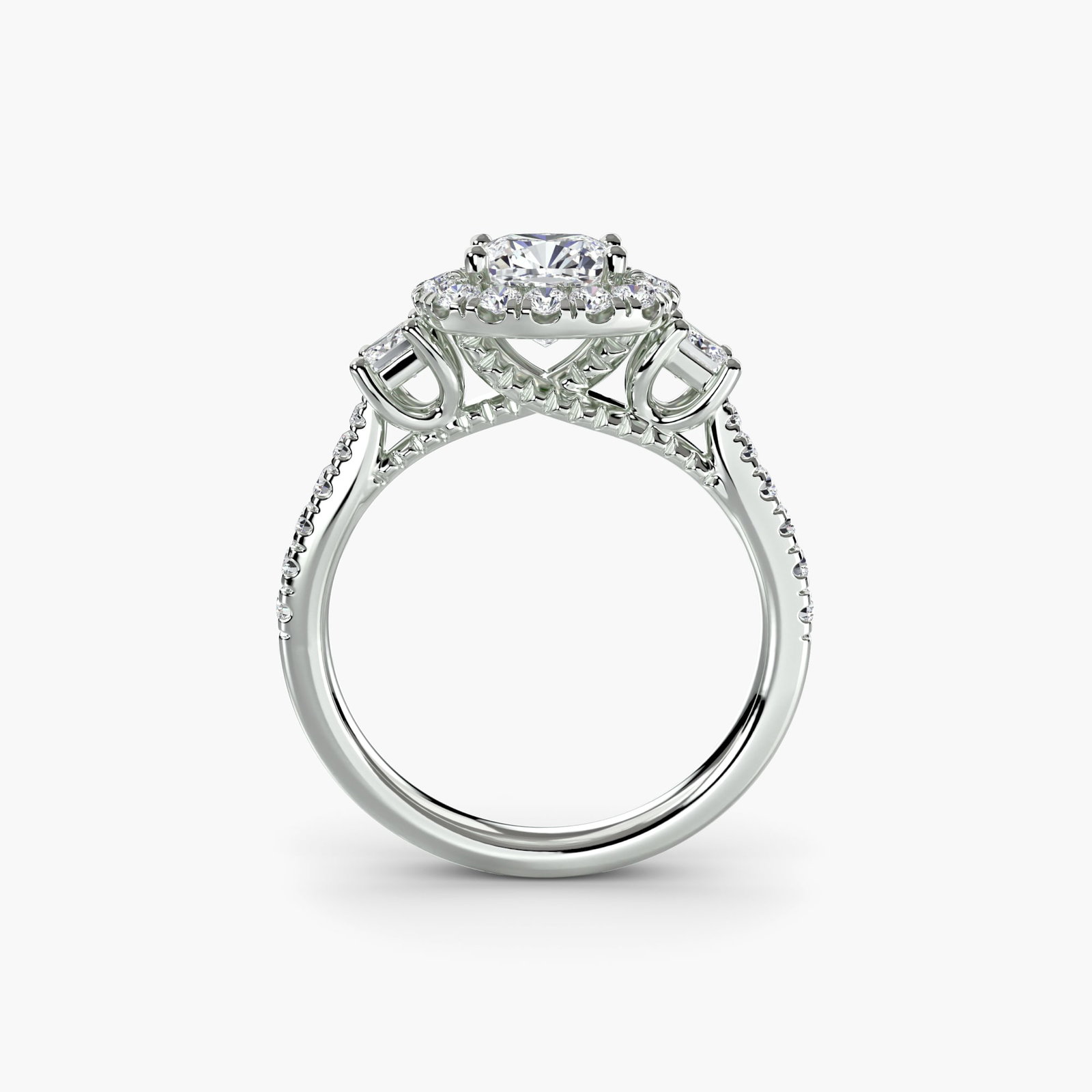 Halo Cushion 14Kt White Gold Ring Setting: Halo Cushion 14Kt White Gold Ring Setting 14Kt White Gold Cushion Ring Setting with 30 Side Stones. This stunning ring setting boasts a halo design, featuring 0.676 carats of lab-grown stones in EF/VS