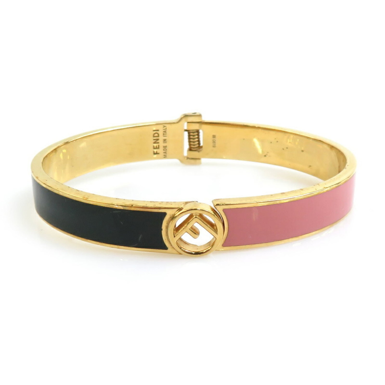Metal Bangle Fendi: Metal Bangle Fendi Black, gold, and pink metal bangle from Fendi, measuring 15.8cm in length, with traces of usage visible due to scratches and dirt. The item bears a signature but details on the