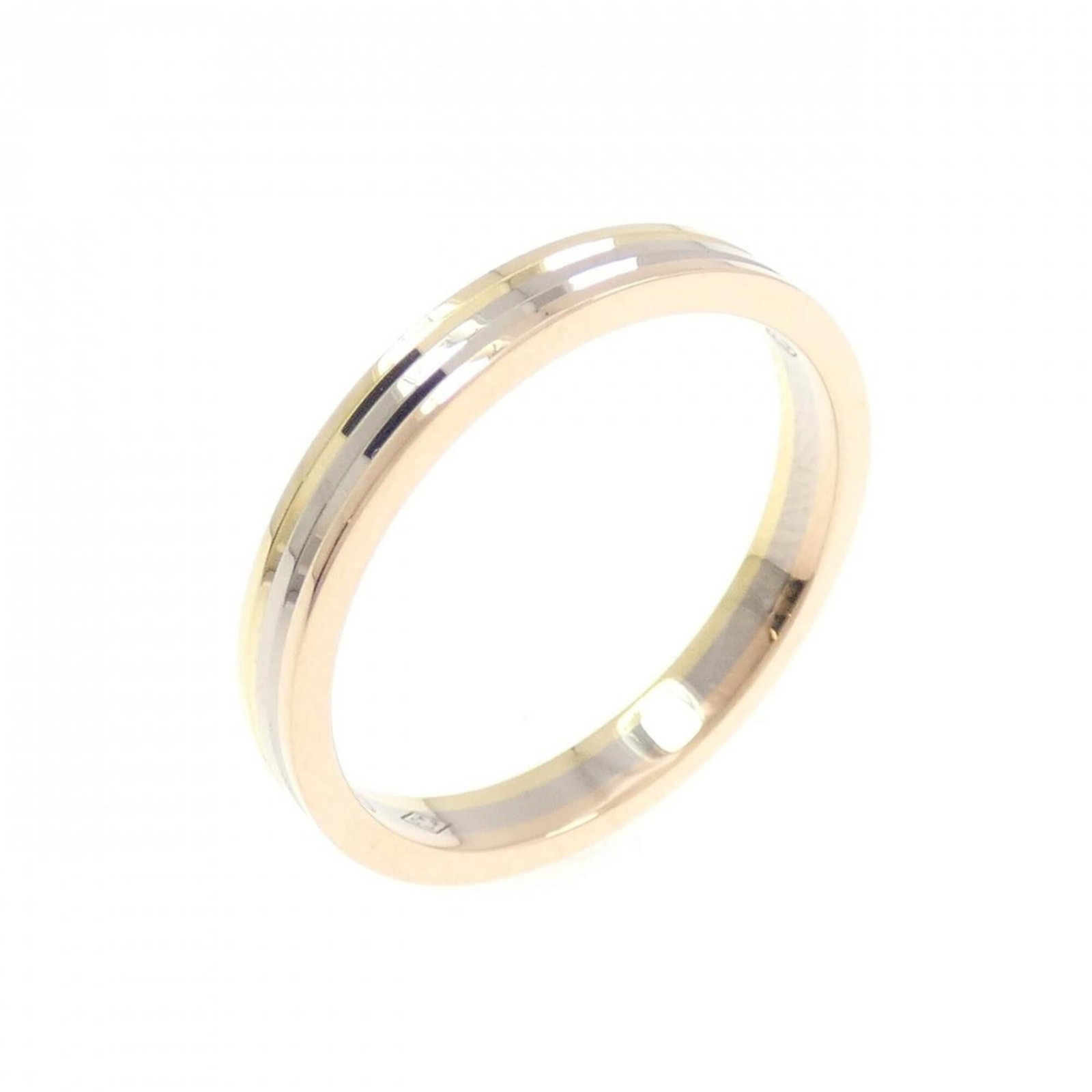 Cartier Pink 18k White 18k Yellow Gold Ring Band: Cartier Pink 18k White 18k Yellow Gold Ring Band 18k Pink Gold, White Gold, and Yellow Gold bands come together in one stunning piece from Cartier. This used (like new) band ring features a unique