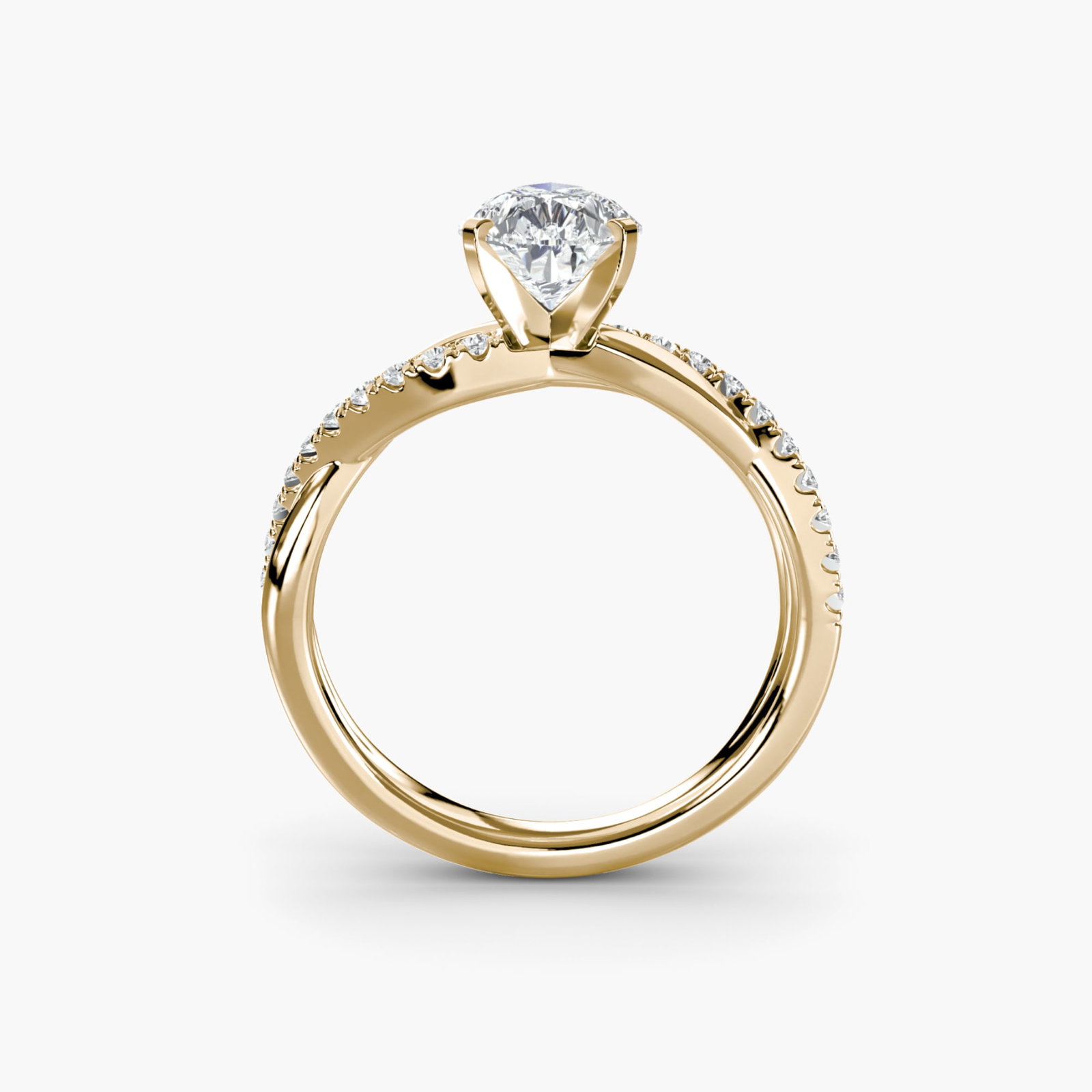 Pave Pear 18Kt Yellow Gold Ring Setting: Pave Pear 18Kt Yellow Gold Ring Setting Pave Pear 18Kt Yellow Gold Ring Setting features a delicate pear-shaped band adorned with 20 side stones, totaling 0.19 carats in total cut weight. The ring