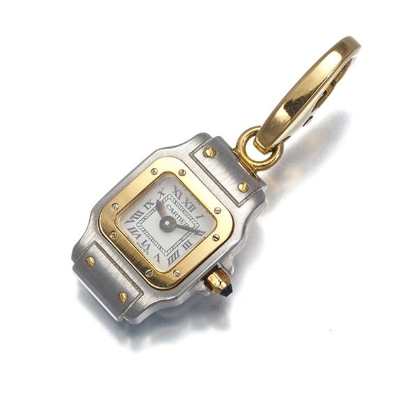 Cartier Watch Charm Santos De Cartier Sapphire 18K YG/ WG Glass: Cartier Watch Charm Santos De Cartier Sapphire 18K YG/ WG Glass 18k gold and sapphire come together in the Santos de Cartier Sapphire, a stunning charm featuring natural metal purity and multi-tone