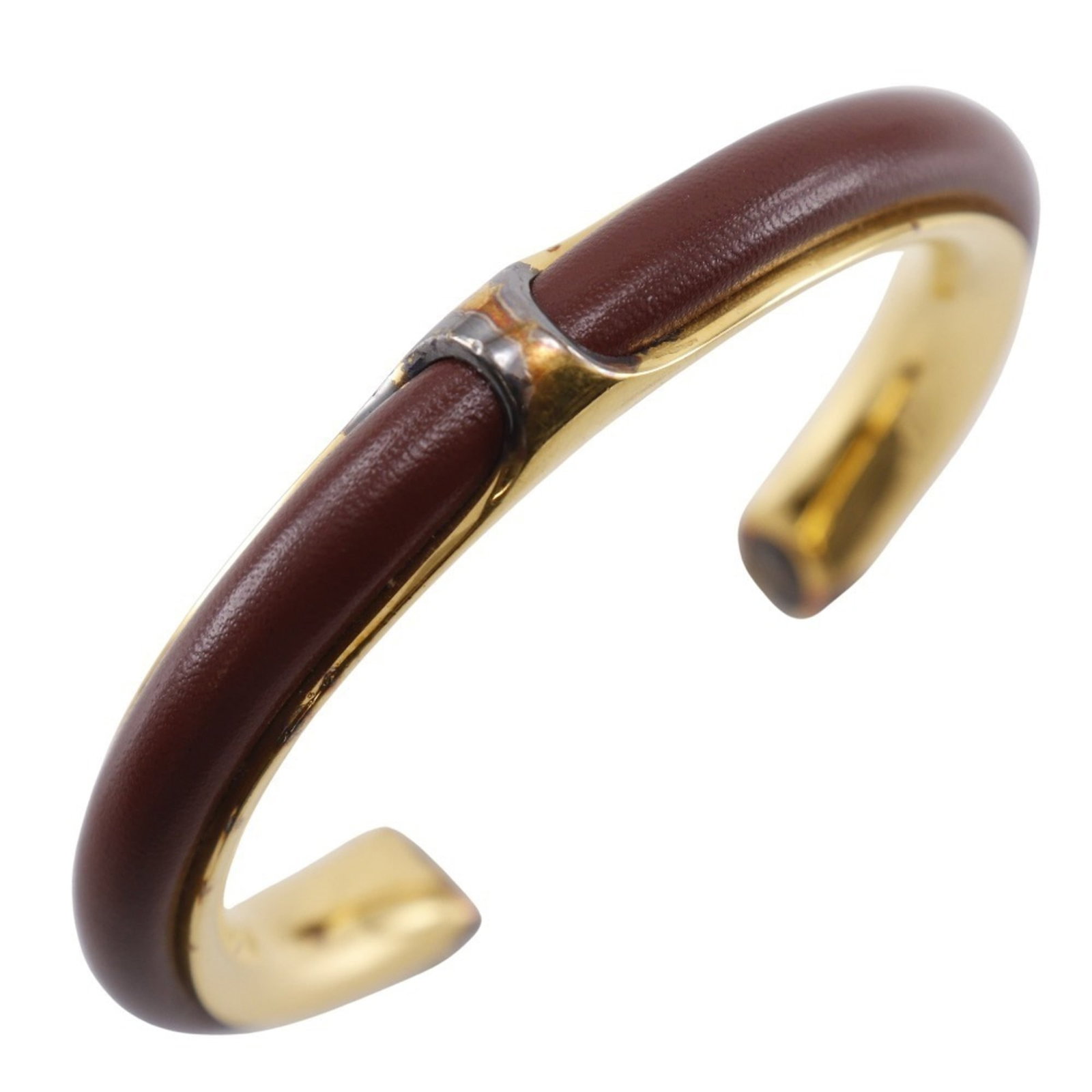 Hermes Bangle Gold Plating Leather: Hermes Bangle Gold Plating Leather Gold Plating Leather Bangle from Hermes, featuring a classic design with brown and gold tones. This bangle measures 15.5cm in length and has visible signs of usage, 