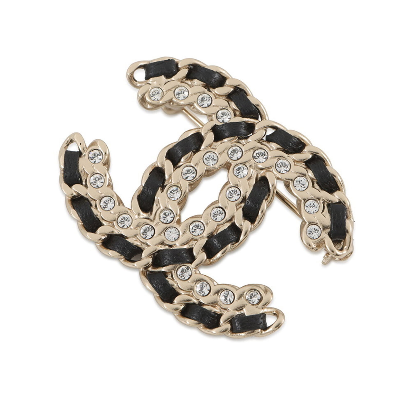 Metal Rhinestone Leather Chanel Brooch: Metal Rhinestone Leather Chanel Brooch This Metal Rhinestone Leather Chanel Brooch boasts intricate details, featuring metal and rhinestone accents on high-quality leather. Measuring 3cm x 4cm, it sho