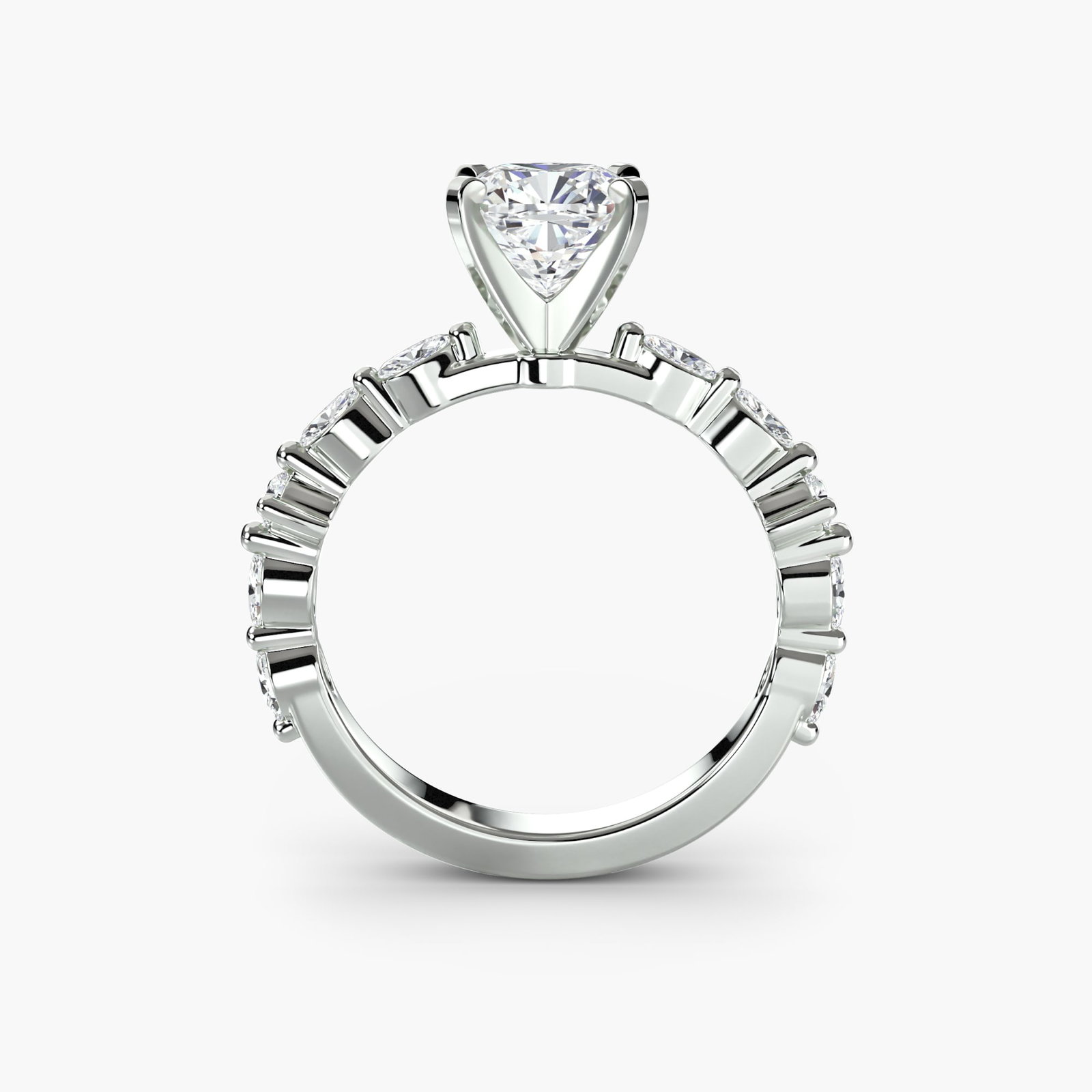 Pave Cushion 18Kt White Gold Ring Setting: Pave Cushion 18Kt White Gold Ring Setting 18Kt White Gold Cushion Ring Setting with Pave Details. This stunning ring setting features 10 pave stones, totaling 0.32 carats in color and clarity, set on