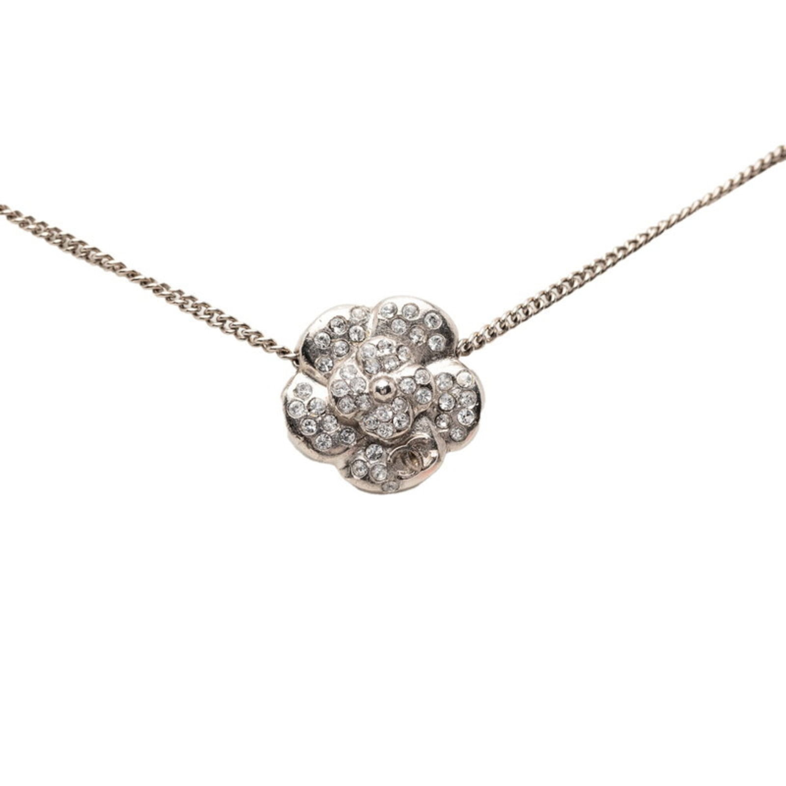 Chanel Camellia Coco Mark Flower Pendant Necklace 09A Silver Rhinestone Metal Women'S Chanel: Chanel Camellia Coco Mark Flower Pendant Necklace 09A Silver Rhinestone Metal Women'S Chanel Silver rhinestone metal Chanel Camellia Coco Mark flower pendant necklace, measuring 14mm x 14.6mm with a