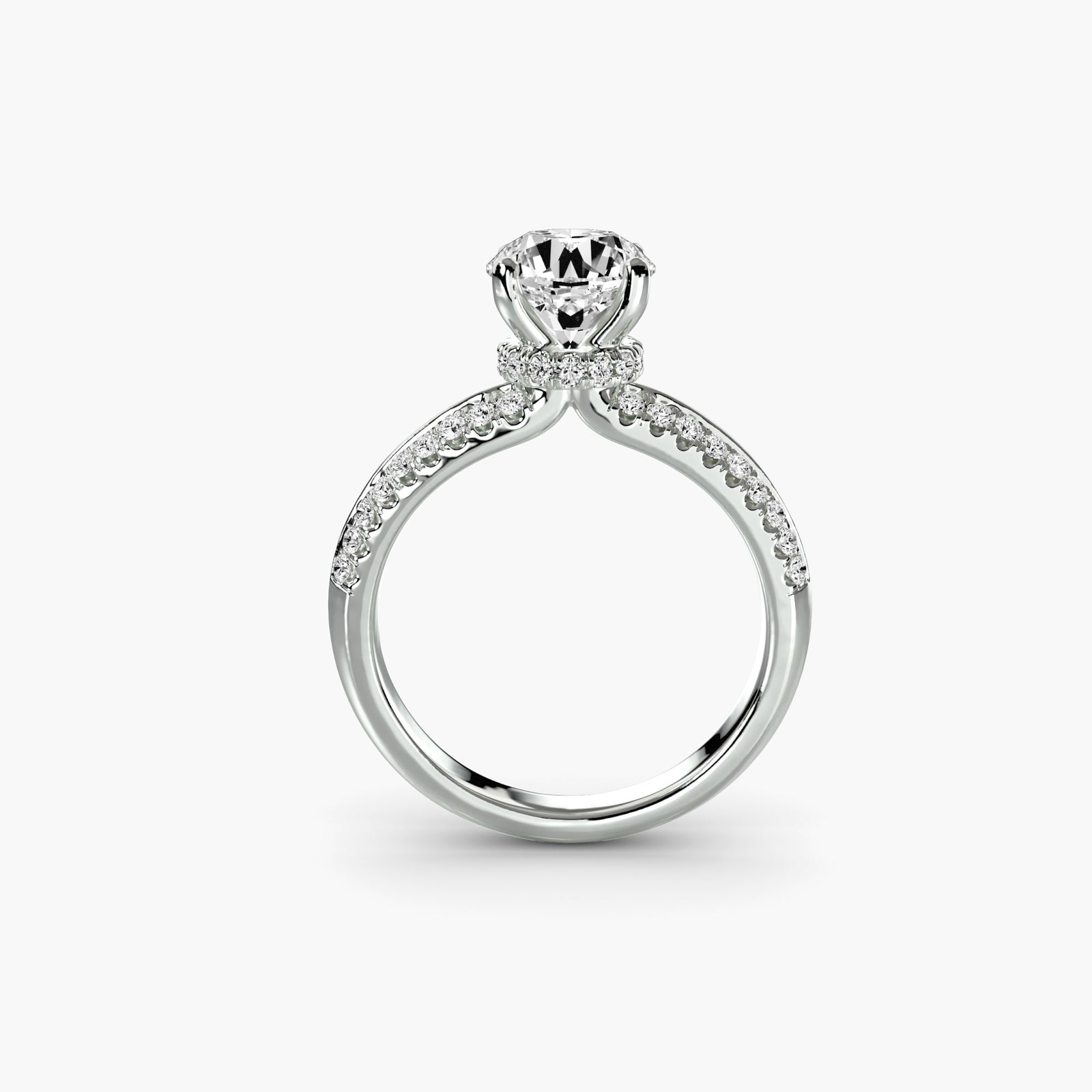 Hidden Halo Round 950 Platinum Ring Setting: Hidden Halo Round 950 Platinum Ring Setting Round halo setting crafted from 950 platinum, featuring 50 side stones totaling 0.36 carats in EF/VS lab-grown color and clarity. This hidden halo ring