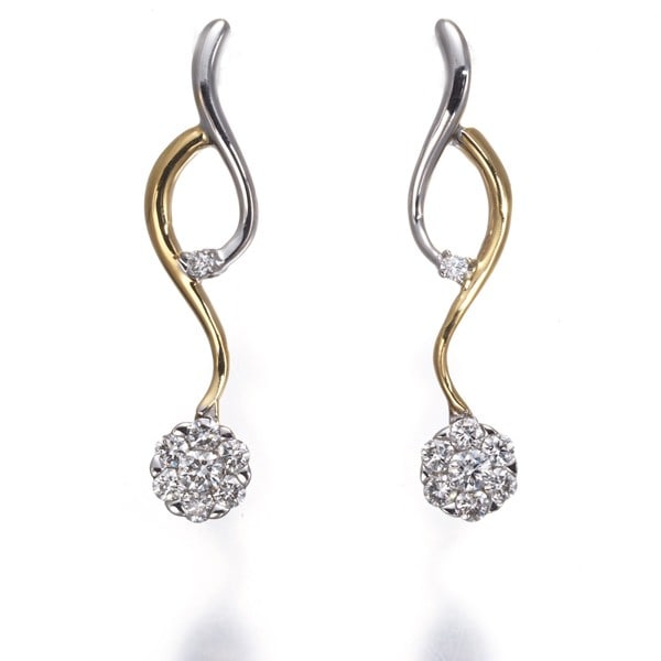 Diamond 0.14Ct/ 0.14Ct Flower Drop Earrings 18K 750 Yellow White Gold: Diamond 0.14Ct/ 0.14Ct Flower Drop Earrings 18K 750 Yellow White Gold Multi-tone gold metal earrings feature a natural diamond flower drop design in 18k yellow and white gold. The 0.14ct diamonds are 