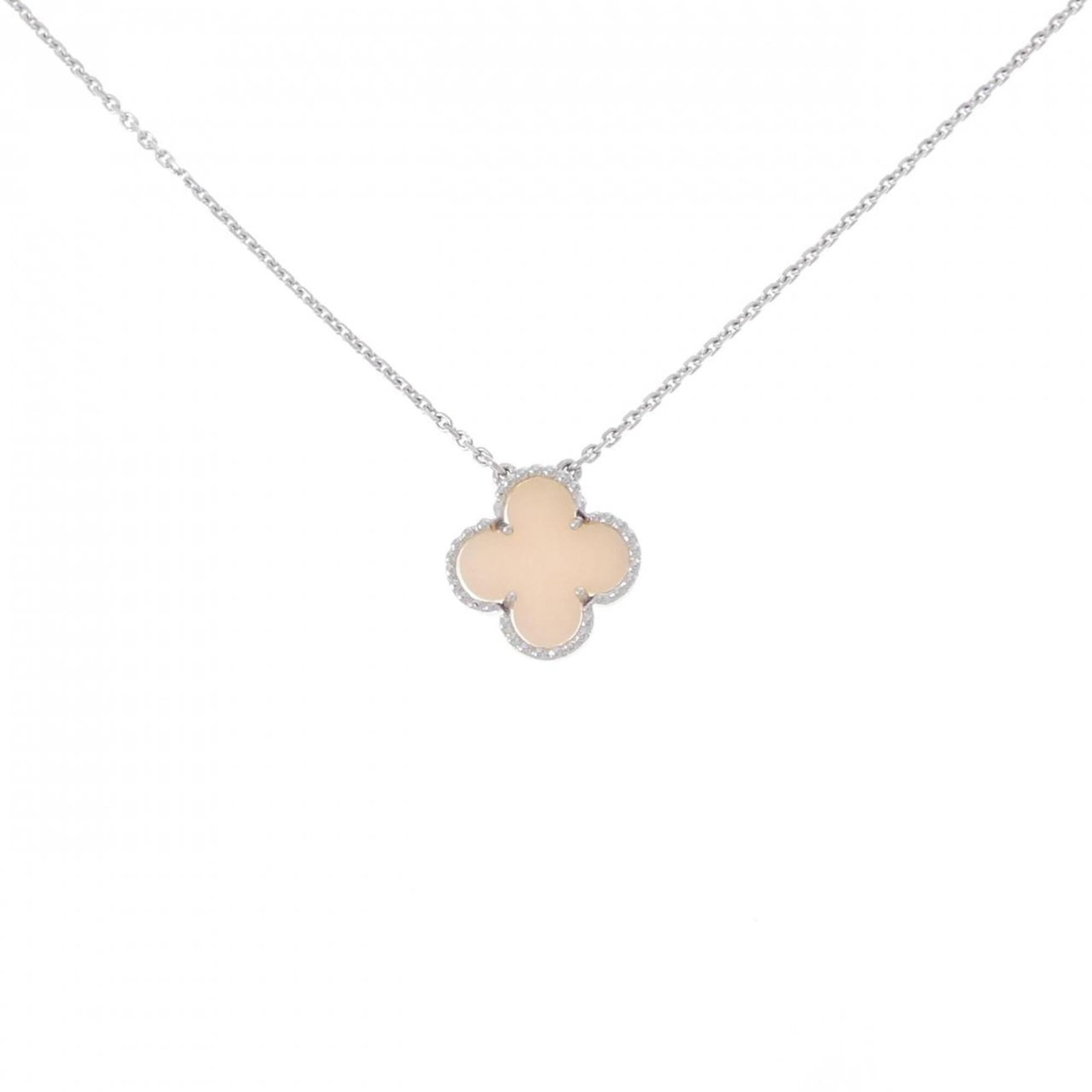 Vintage Alhambra Van Cleef Necklace: Vintage Alhambra Van Cleef Necklace The Vintage Alhambra Van Cleef Necklace boasts an opal pendant set in white gold, offering a touch of elegance and sophistication. Measuring 14.8mm x 14.8mm, the