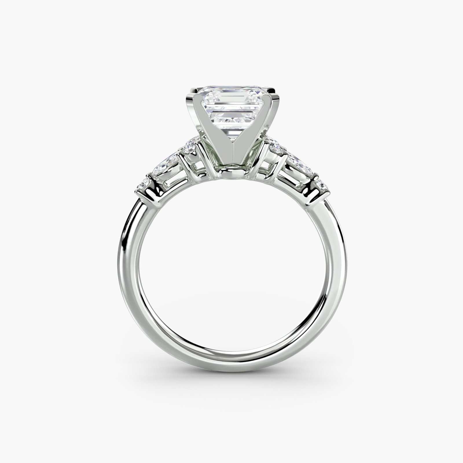 Side Stone Asscher 14Kt White Gold Ring Setting: Side Stone Asscher 14Kt White Gold Ring Setting Side stone Asscher ring setting in 14Kt white gold features eight lab-grown side stones totaling 0.22 carats, set within a sleek and modern design. The