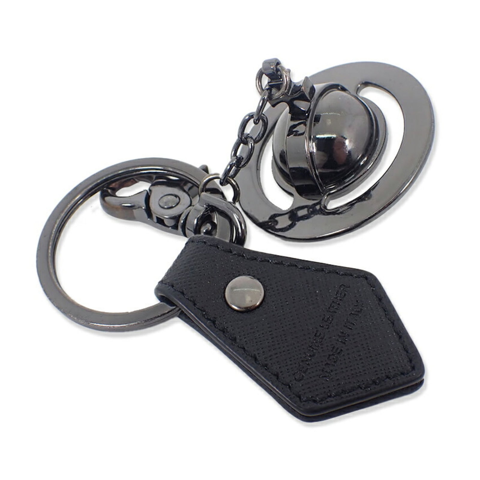 Westwood Vivienne Keyring Leather Metal: Westwood Vivienne Keyring Leather Metal Black leather and gunmetal keyring charm from Vivienne Westwood, bearing a few traces of usage with some minor scratches and dirt. The item is in very good