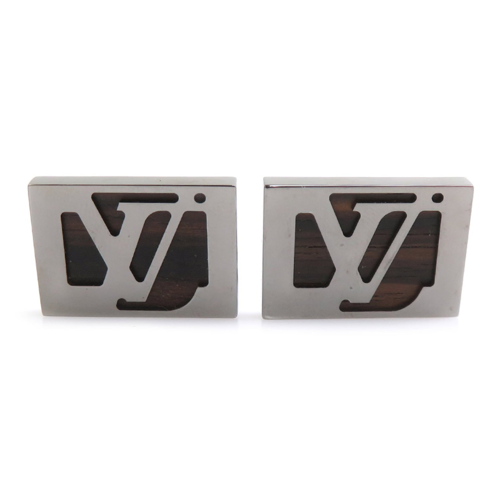 Wood Metal Cufflinks Louis: Wood Metal Cufflinks Louis Used Louis Vuitton Wood Metal Cufflinks in Brown and Gunmetal, measuring 15.00mm x 21.00mm with traces of usage and minor scratches / dirt. The metal and wood components sho