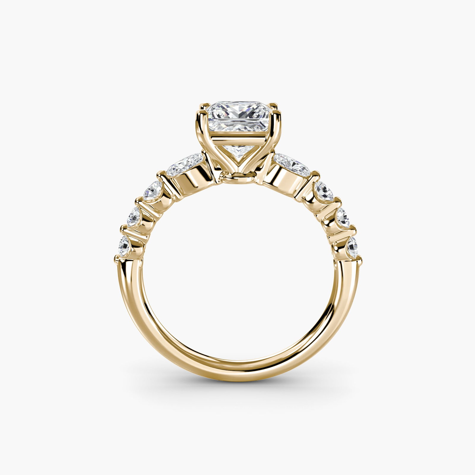 Pave Princess 18Kt Yellow Gold Ring Setting: Pave Princess 18Kt Yellow Gold Ring Setting 18Kt Yellow Gold Princess Ring Setting with Pave Design. This stunning ring setting features 8 pave side stones totaling 0.29 carats, set in a sleek princes