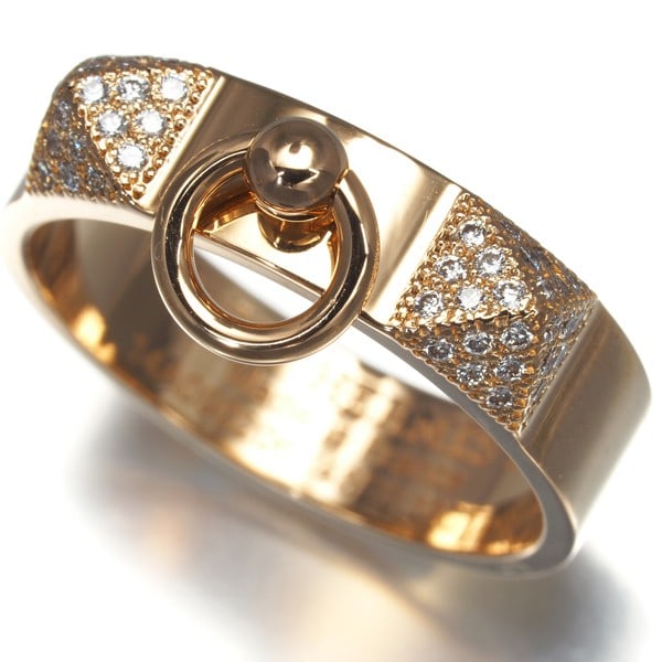 Hermes Ring Diamond 0.19Ct Collier De Chien Pm Eu54 18K 750 Rose Gold: Hermes Ring Diamond 0.19Ct Collier De Chien Pm Eu54 18K 750 Rose Gold Rose gold charm ring featuring a natural diamond, measuring 0.19 carats, set in an 18k rose gold band with EU size 54 fitment. The
