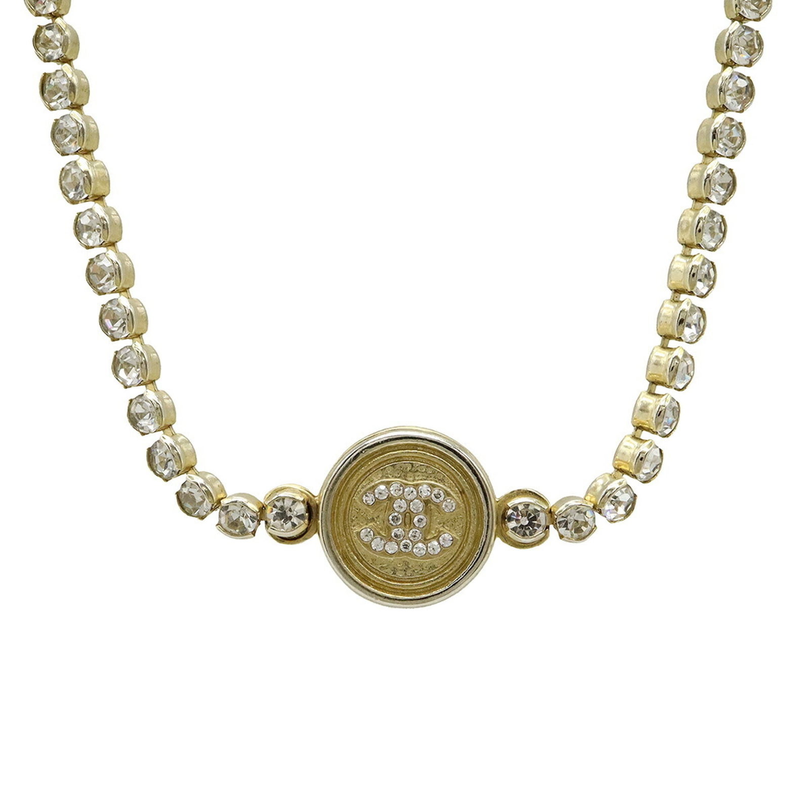 Coco Chanel Gold Necklace Choker Pendant Rhinestones GP A21: Coco Chanel Gold Necklace Choker Pendant Rhinestones GP A21 Gold Plating, Rhinestone Coco Chanel Choker Pendant Necklace A21. This gold-plated choker features a stunning rhinestone pendant in the