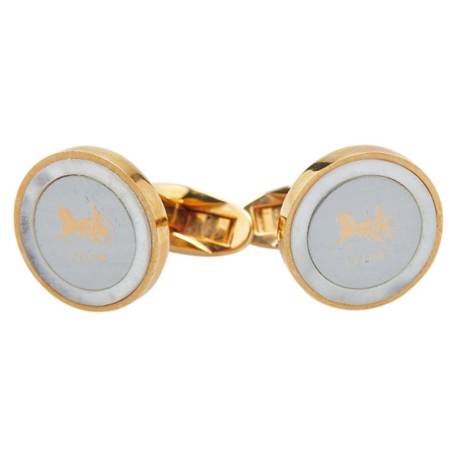 Cufflinks: Cufflinks Gold Cufflinks with Traces of Usage. These used gold cufflinks bear minor scratches and dirt, but remain in good condition. Measuring 19.80mm x 16.40mm, they are a small accessory for everyd