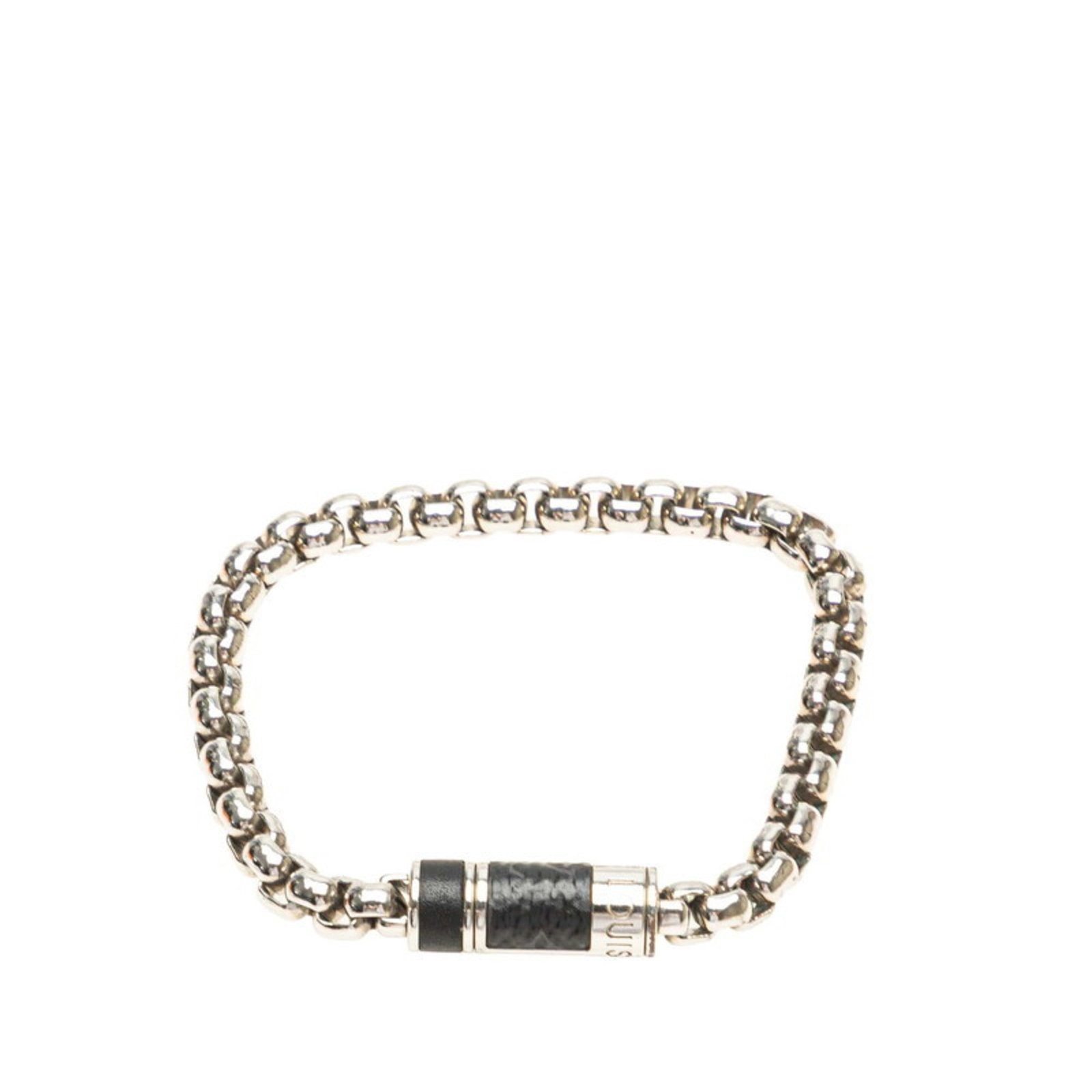 Charm of Louis Vuitton Metal: Charm of Louis Vuitton Metal This Louis Vuitton metal charm bracelet features a sleek black and silver design, measuring 16.5cm in length. The item shows signs of usage, with visible scratches and