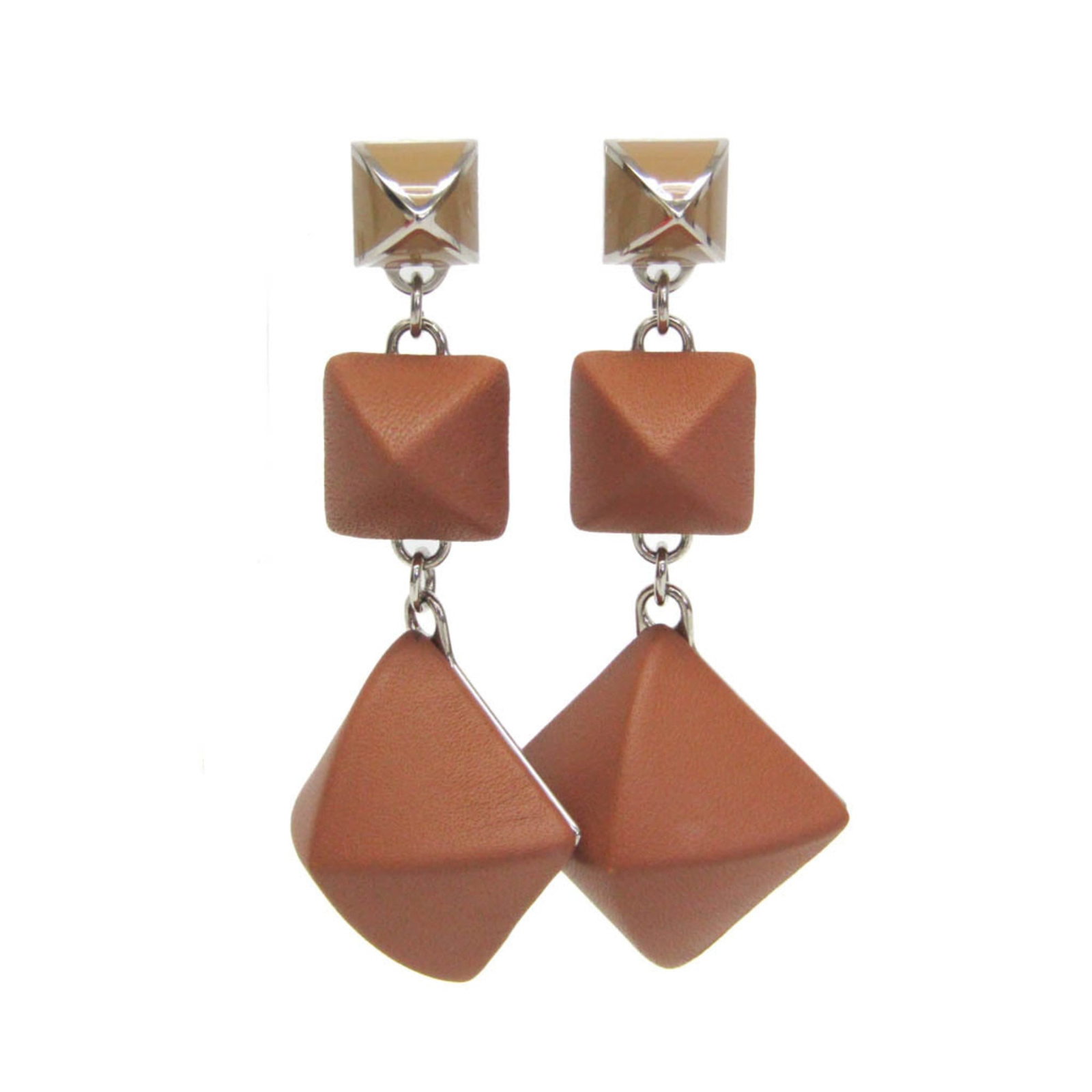 Metal Leather Stud Earrings Hermes: Metal Leather Stud Earrings Hermes Silver metal stud earrings featuring genuine swift leather in brown, crafted by the renowned French fashion house Hermes. With a sleek and modern design, these