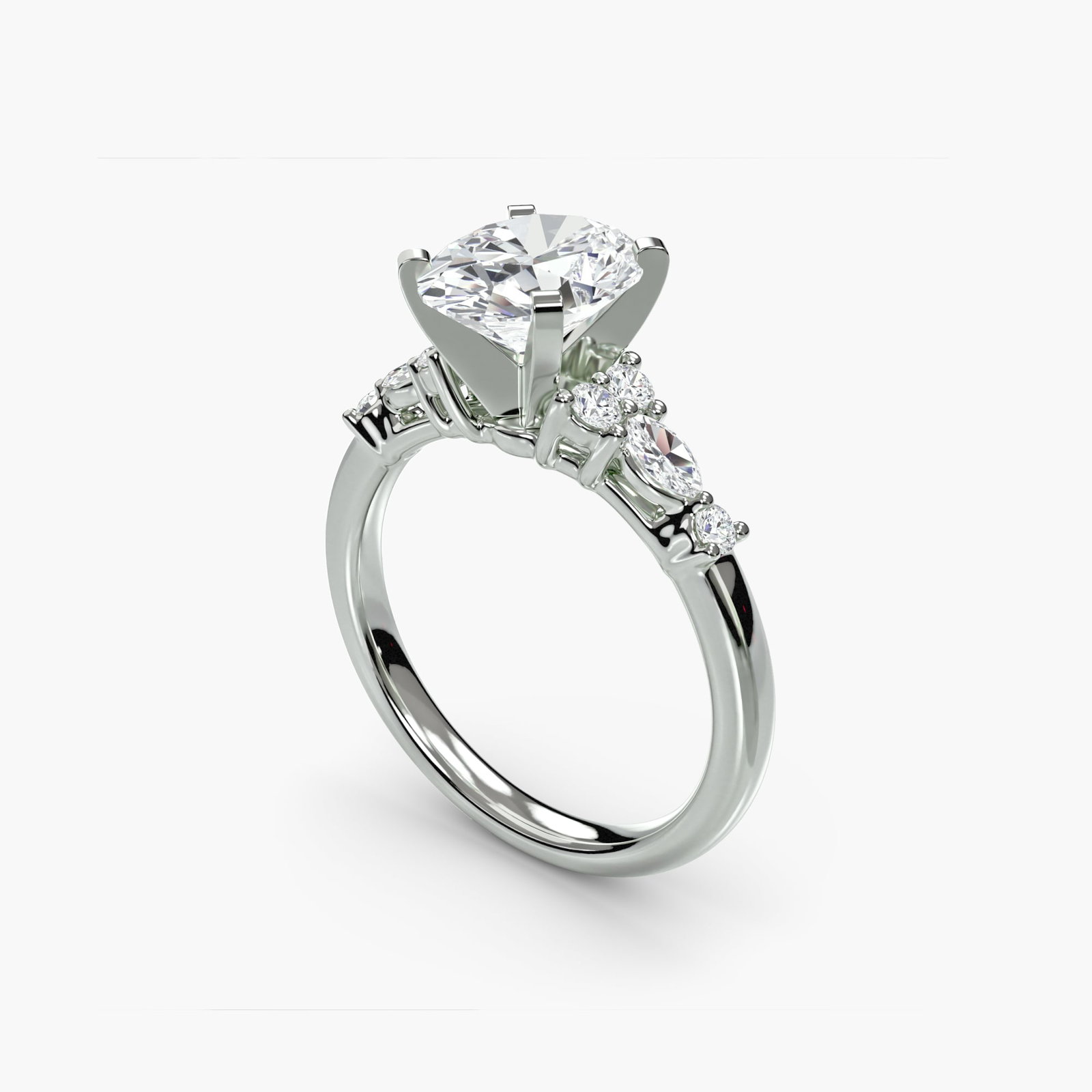 Side Stone Oval 14Kt White Gold Ring Setting - 5