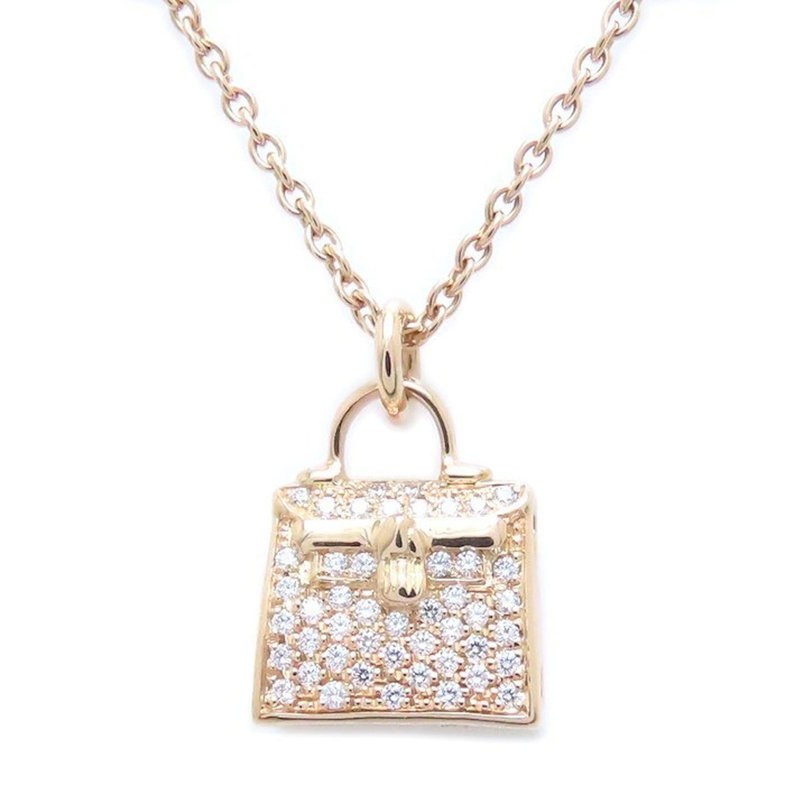 Hermes Amulet Necklace Kelly Diamond 0.21ct Pink Gold 294035: Hermes Amulet Necklace Kelly Diamond 0.21ct Pink Gold 294035 Pink Gold 18K Kelly Diamond Amulet Necklace with 0.21ct Pink Gold Pendant, featuring a unique design and elegant style. This mint condition