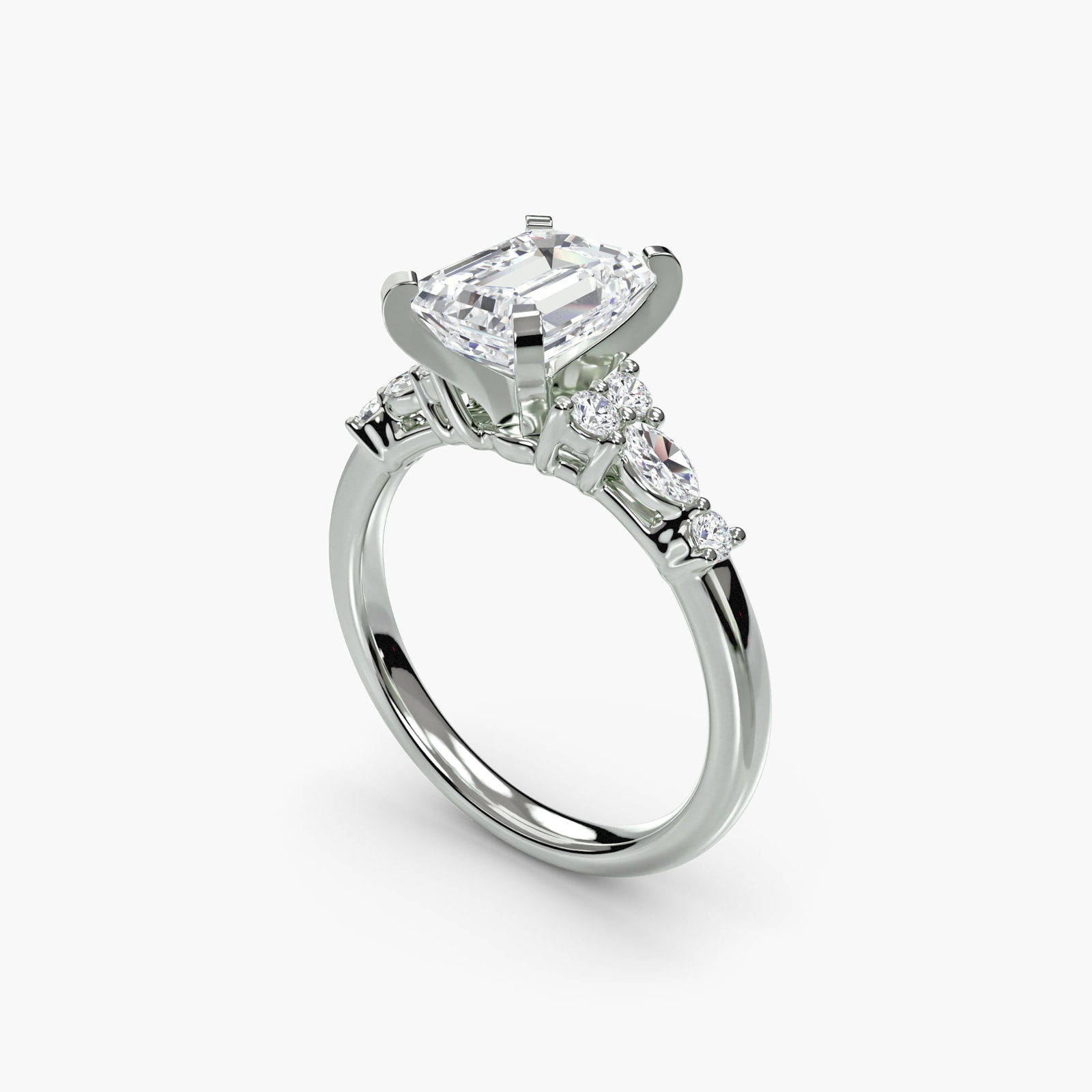 Side Stone Emerald 18Kt White Gold Ring Setting - 5