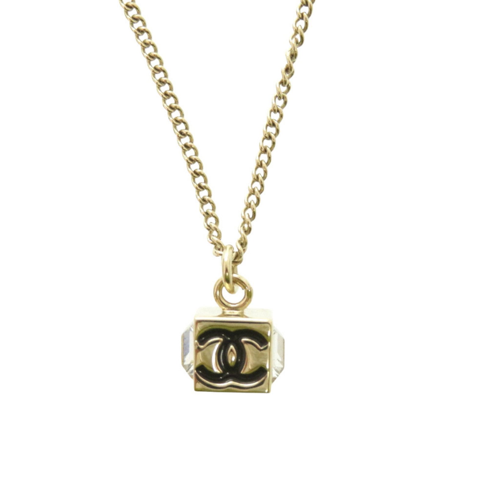 Like New Chanel Coco Mark Cube Cc Logo Abe819 Necklace With Rhinestones Gp Crystals B25C Black Gold: Like New Chanel Coco Mark Cube Cc Logo Abe819 Necklace With Rhinestones Gp Crystals B25C Black Gold Like new Chanel Coco Mark Cube Cc Logo necklace with rhinestones and gold plating, featuring a