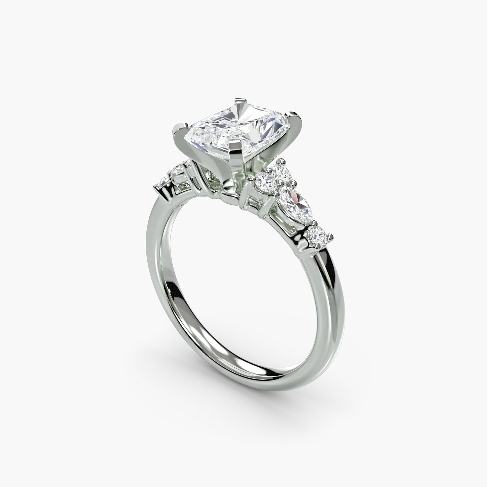 Side Stone Radiant 14Kt White Gold Ring Setting - 5