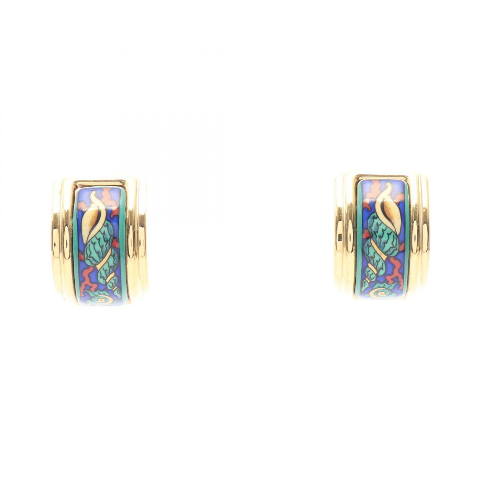 Hermes Clip Gold Earrings Cloisonn Enamel: Hermes Clip Gold Earrings Cloisonn Enamel Clip-on earrings in gold plating featuring cloisonn enamel designs in blue and green hues. The item bears traces of usage, with minor scratches and dirt