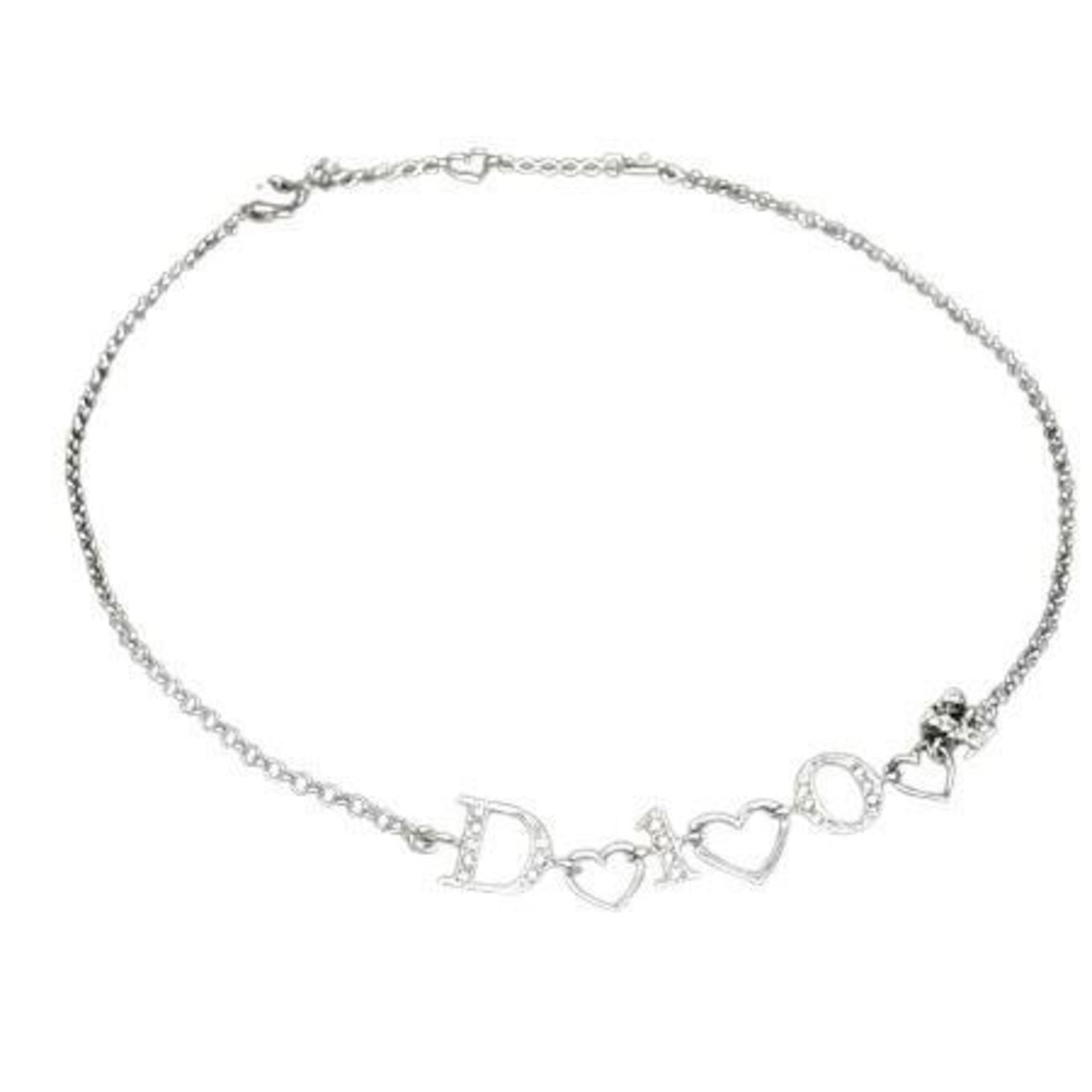Women's rhinestone heart design silver metal necklace by Christian Dior.: Women's rhinestone heart design silver metal necklace by Christian Dior. Silver metal necklace with rhinestone heart design by Christian Dior, featuring a pendant in a classic style. The necklace has
