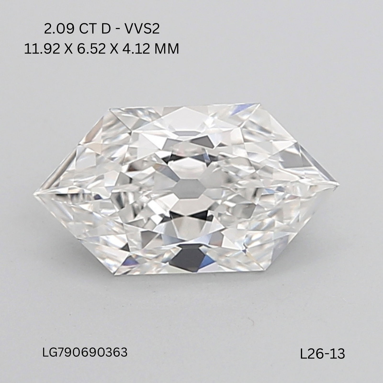 IGI Hexagonal 2.09ct D VVS2 - Loose Lab Diamond: IGI Hexagonal 2.09ct D VVS2 - Loose Lab Diamond Item Specifics: Source: This Is A Real Diamond Grown In A Lab Not Mined. Carat: 2.09 Cut: - Color: D Clarity: VVS2 Polish: EX Symmetry: EX Measurements: