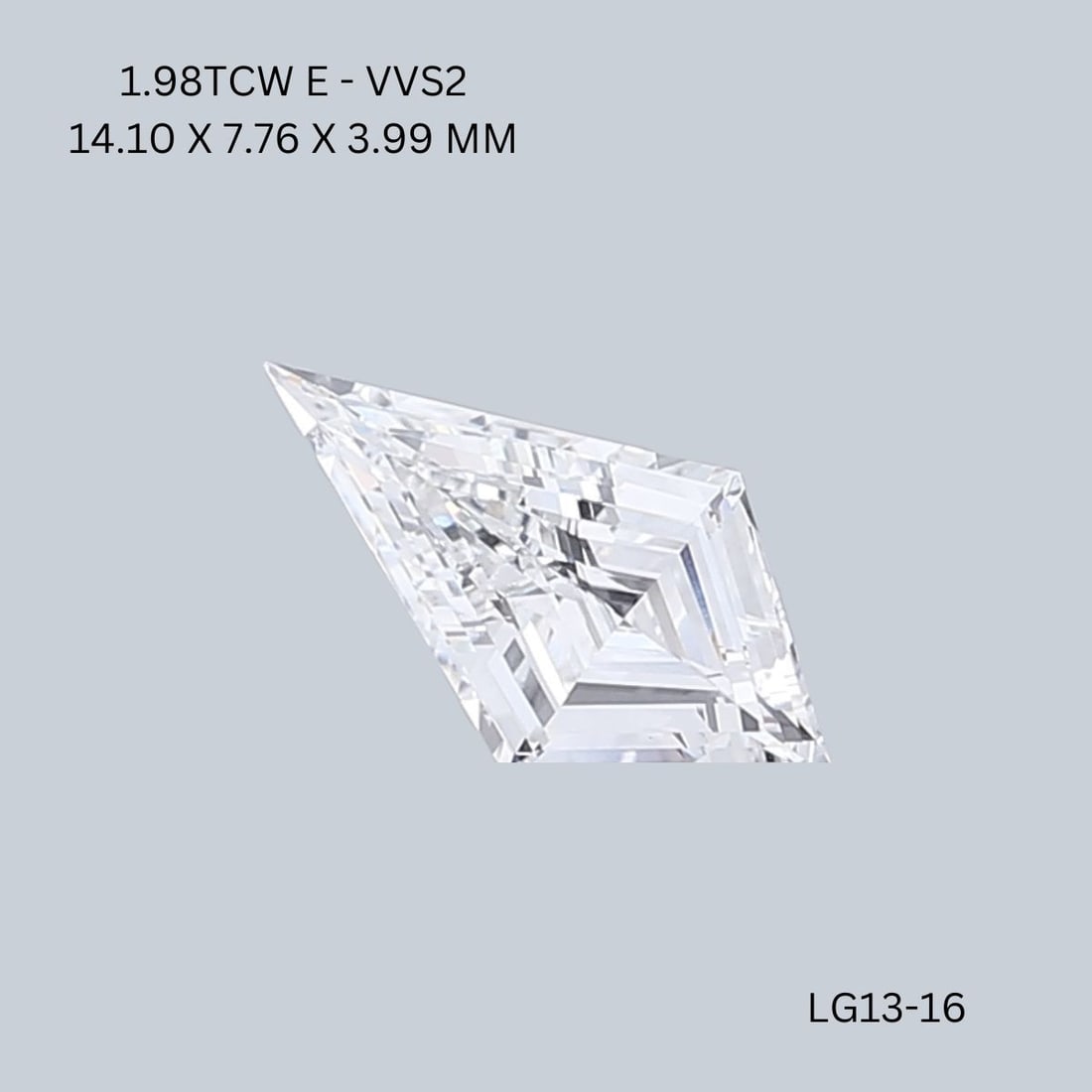 IGI Kite 1.98ct E VVS2 - Loose Lab Diamond: IGI Kite 1.98ct E VVS2 - Loose Lab Diamond Item Specifics: Source: This Is A Real Diamond Grown In A Lab Not Mined. Carat: 1.98 Cut: - Color: E Clarity: VVS2 Polish: EX Symmetry: EX Measurements:
