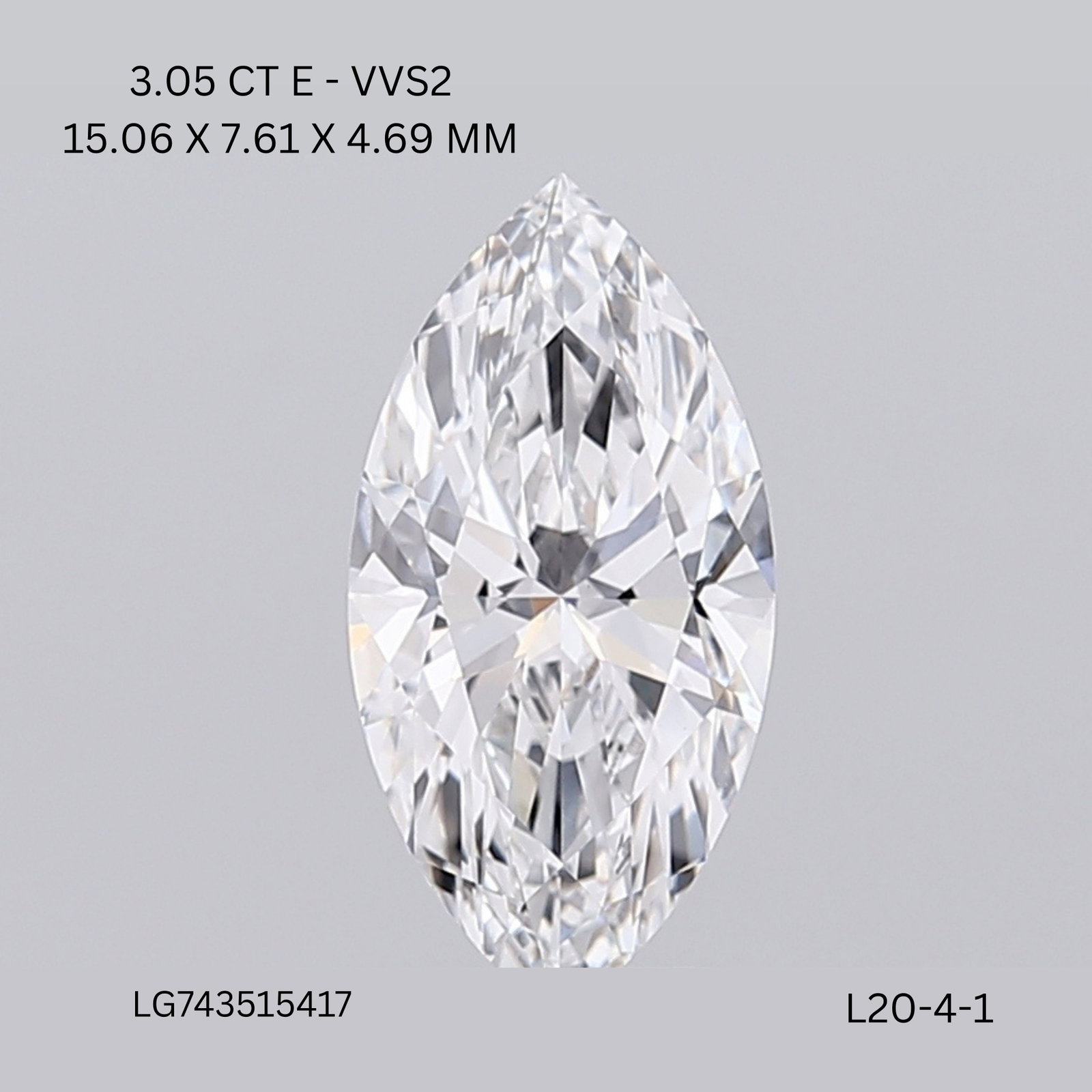 IGI Marquise 3.05ct E VVS2 - Loose Lab Diamond: IGI Marquise 3.05ct E VVS2 - Loose Lab Diamond Item Specifics: Source: This Is A Real Diamond Grown In A Lab Not Mined. Carat: 3.05 Cut: - Color: E Clarity: VVS2 Polish: EX Symmetry: EX Measurements: