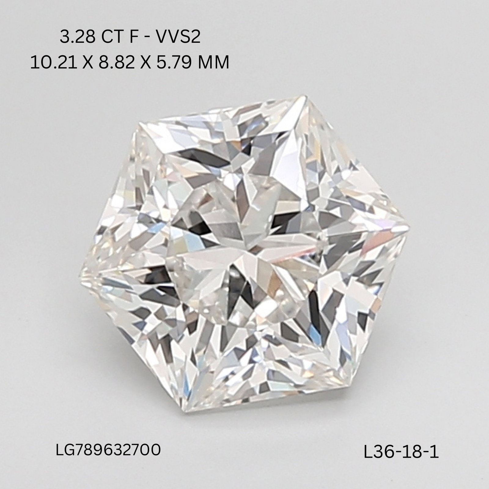 IGI Hexagonal 3.28ct F VVS2 - Loose Lab Diamond: IGI Hexagonal 3.28ct F VVS2 - Loose Lab Diamond Item Specifics: Source: This Is A Real Diamond Grown In A Lab Not Mined. Carat: 3.28 Cut: - Color: F Clarity: VVS2 Polish: EX Symmetry: EX Measurements: