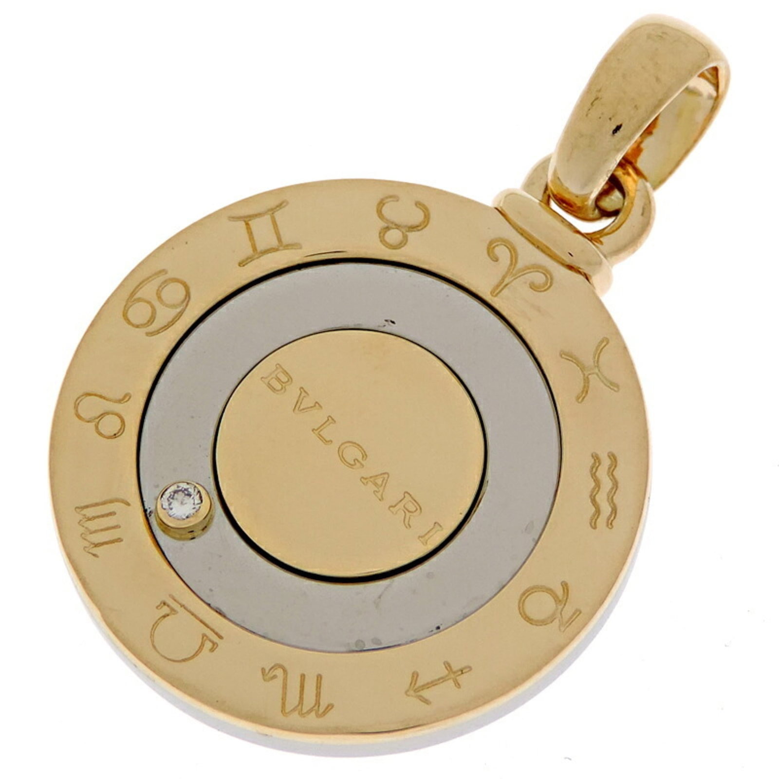 Bvlgari Stainless Steel Diamond Menwomen Pendant (Yellow): Bvlgari Stainless Steel Diamond Menwomen Pendant (Yellow) Stainless Steel Diamond Pendant in Yellow from Bvlgari, featuring a 10.7g diamond weighing 0.37oz, measuring 34.5mm x 22.9mm. This used pendan