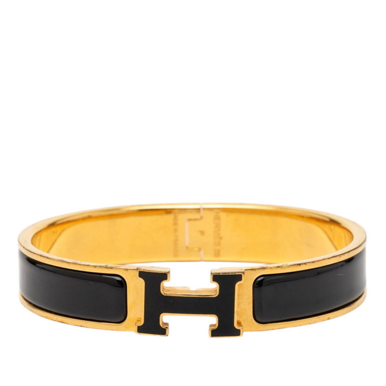 Hermes Bangle: Hermes Bangle This Hermes bangle boasts a sleek, all-black design with subtle gold accents. Measuring 16cm in length, it features a classic style that suits a variety of wrist sizes. With its