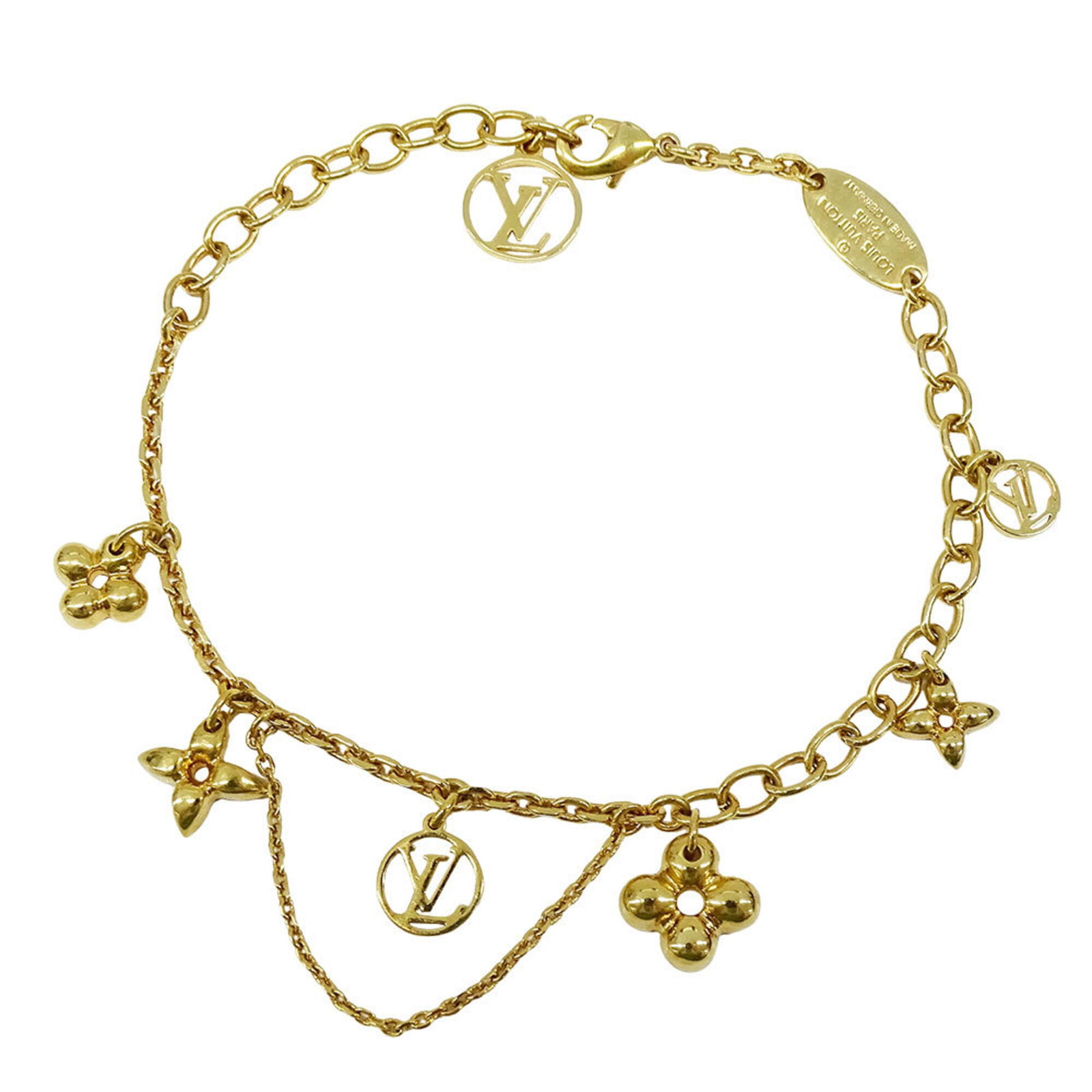 Charm of Louis Vuitton Metal: Charm of Louis Vuitton Metal This Louis Vuitton metal charm bracelet features a gold finish and measures between 14cm to 18cm in length. The item shows signs of usage, with minor scratches and dirt, b