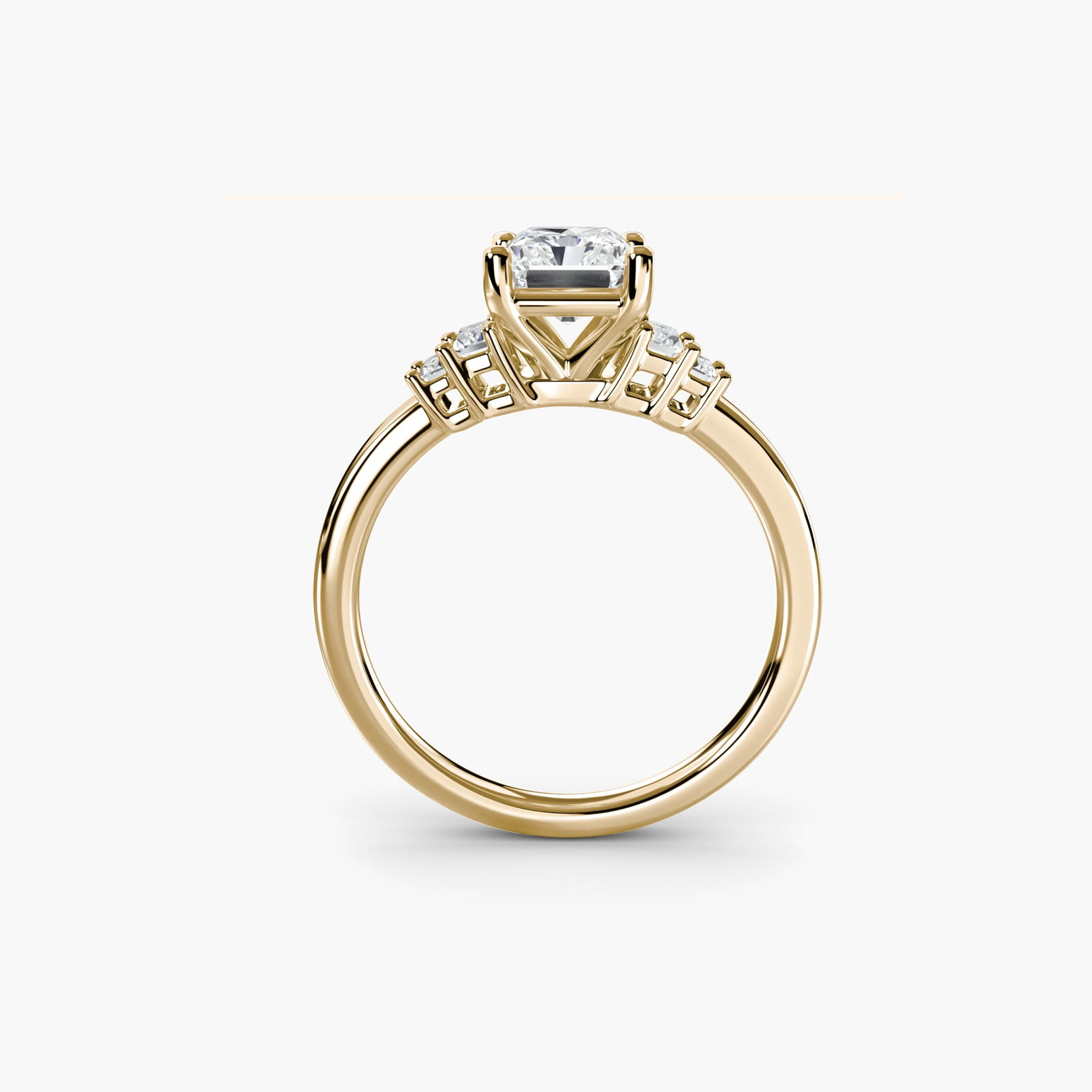 Solitaire Radiant 14Kt Yellow Gold Ring Setting: Solitaire Radiant 14Kt Yellow Gold Ring Setting The Solitaire Radiant 14Kt Yellow Gold Ring Setting boasts a radiant design, featuring four lab-grown side stones totaling 0.17 carats in EF/VS clarity